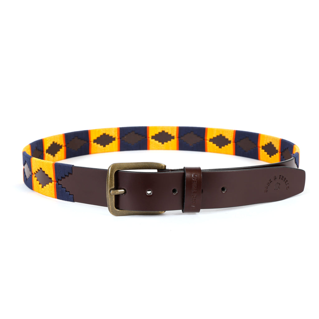 Premium Polo Leather Belt with Multicolour Stitching – Brown Strap & Gold Buckle