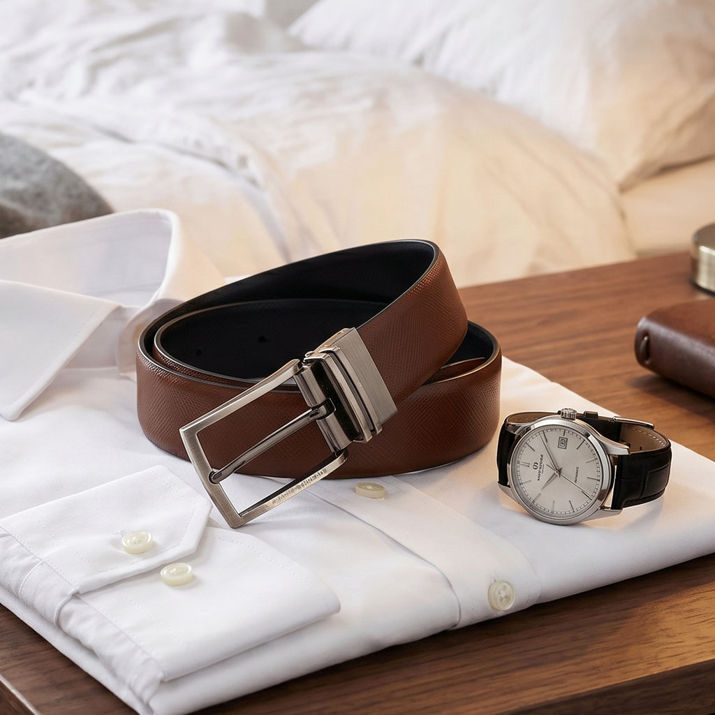 Reversible Genuine Leather Belt for Men with Silver Buckle | 2-in-1 Formal & Casual Belt