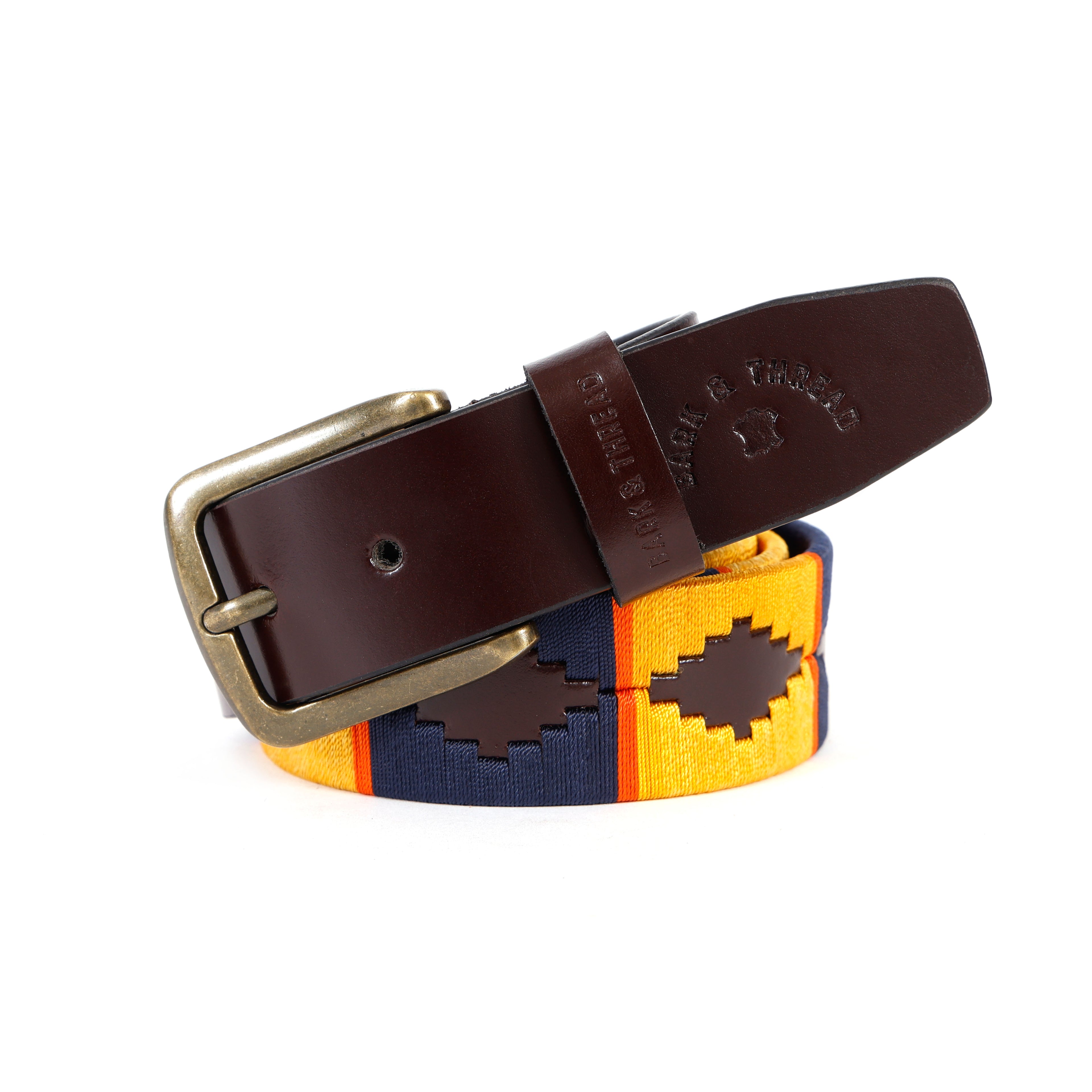 Premium Polo Leather Belt with Multicolour Stitching – Brown Strap & Gold Buckle