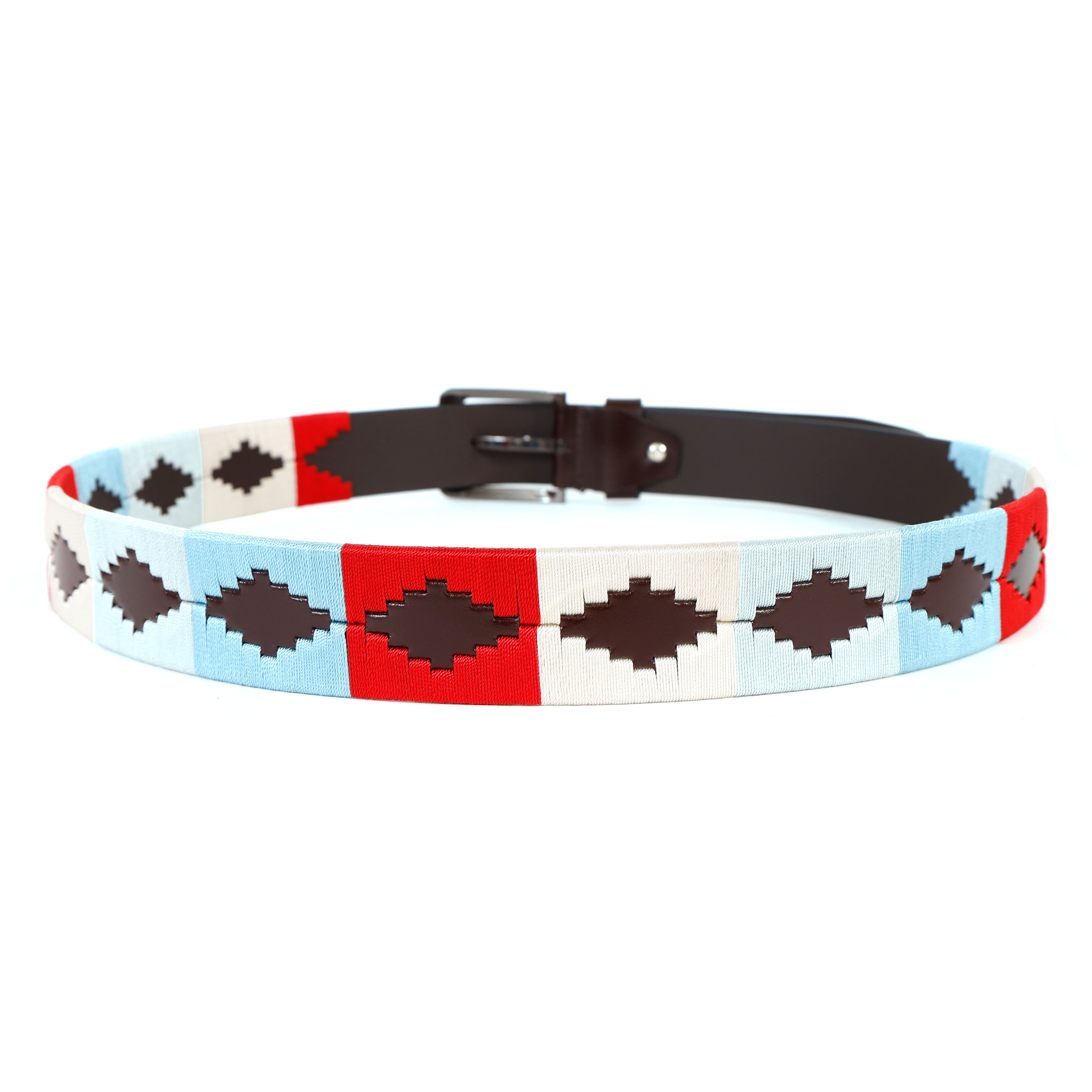 Dark Brown Leather Belt with Silver Buckle & Multicolour Contrast Stitching (White, Red & Sky Blue)