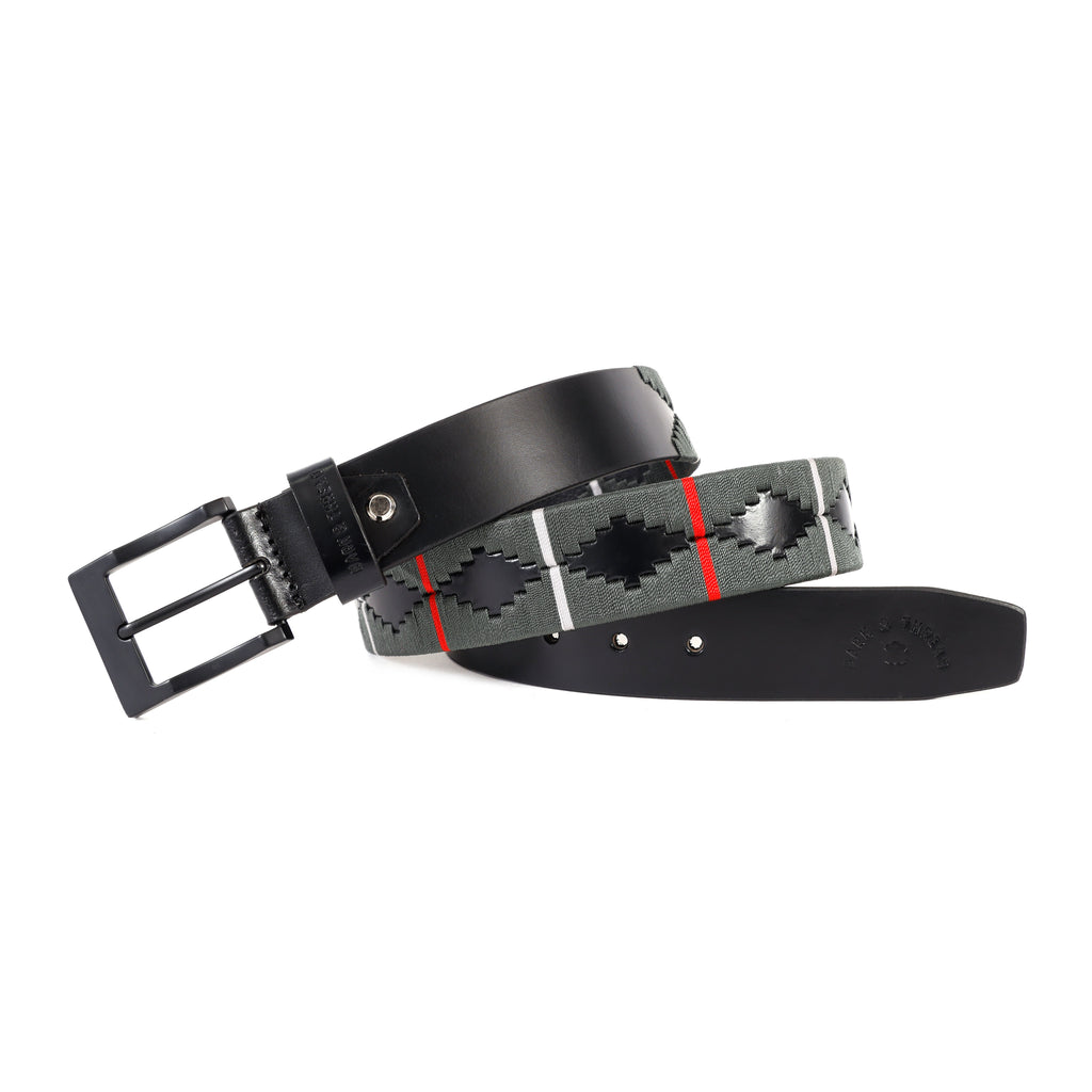 Black Polo Leather Belt with Black Buckle & Grey Stitching