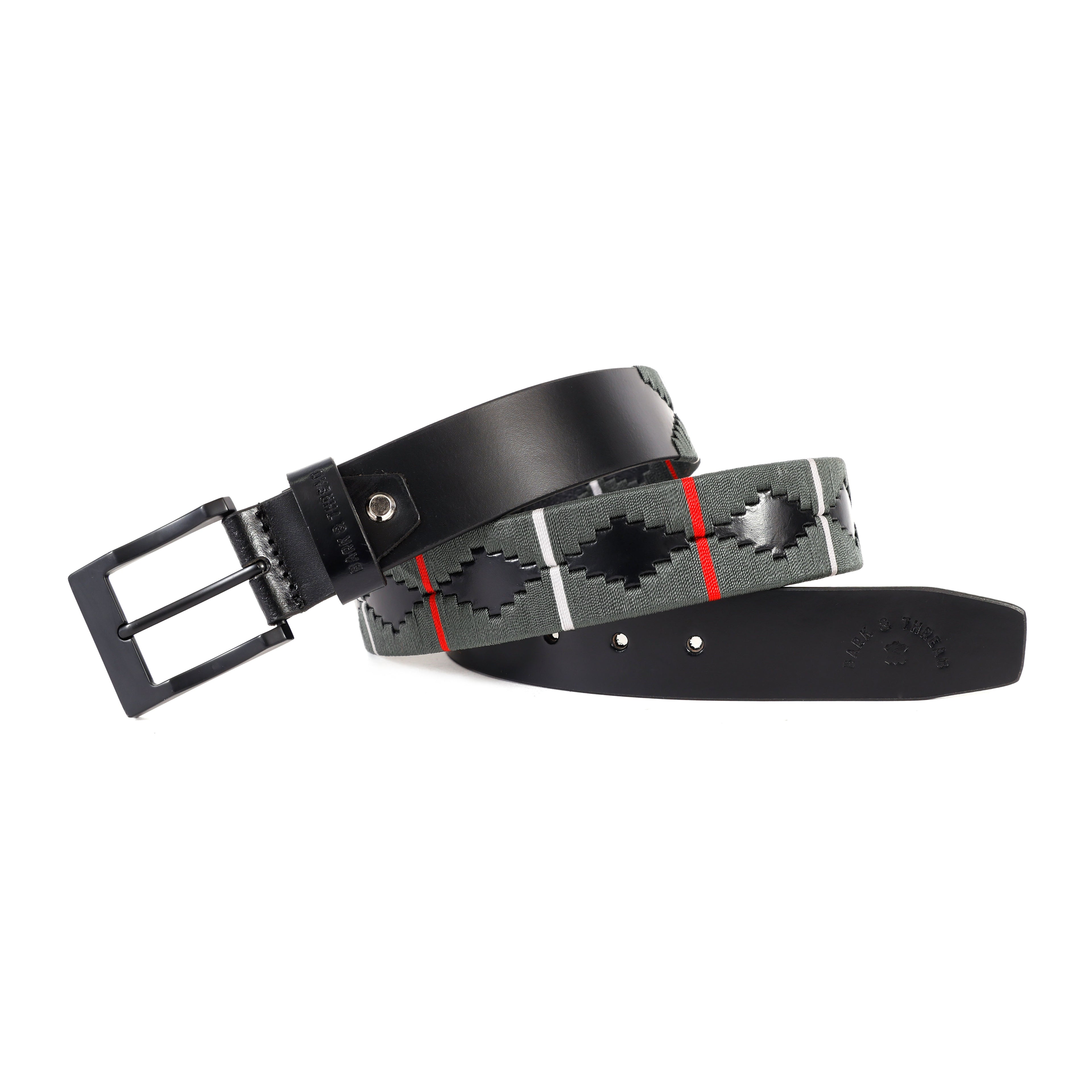 Black Polo Leather Belt with Black Buckle & Grey Stitching