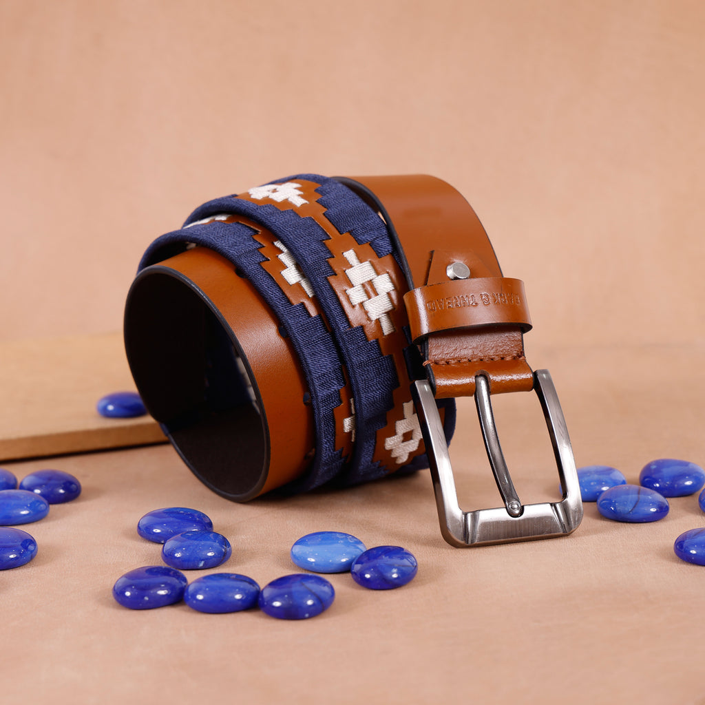 Brown Leather Belt with Silver Buckle & Dark Blue and White Contrast Stitching