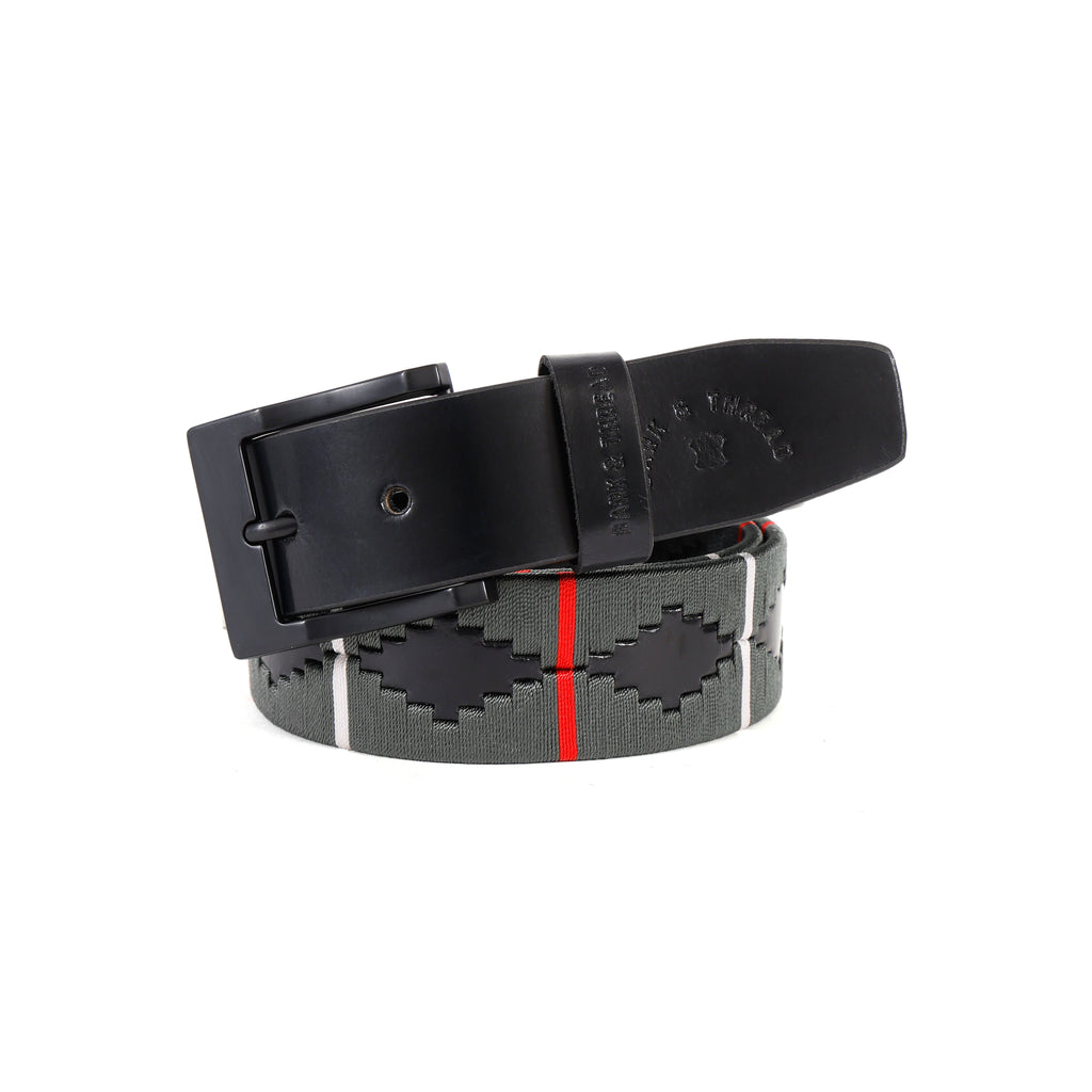 Black Polo Leather Belt with Black Buckle & Grey Stitching