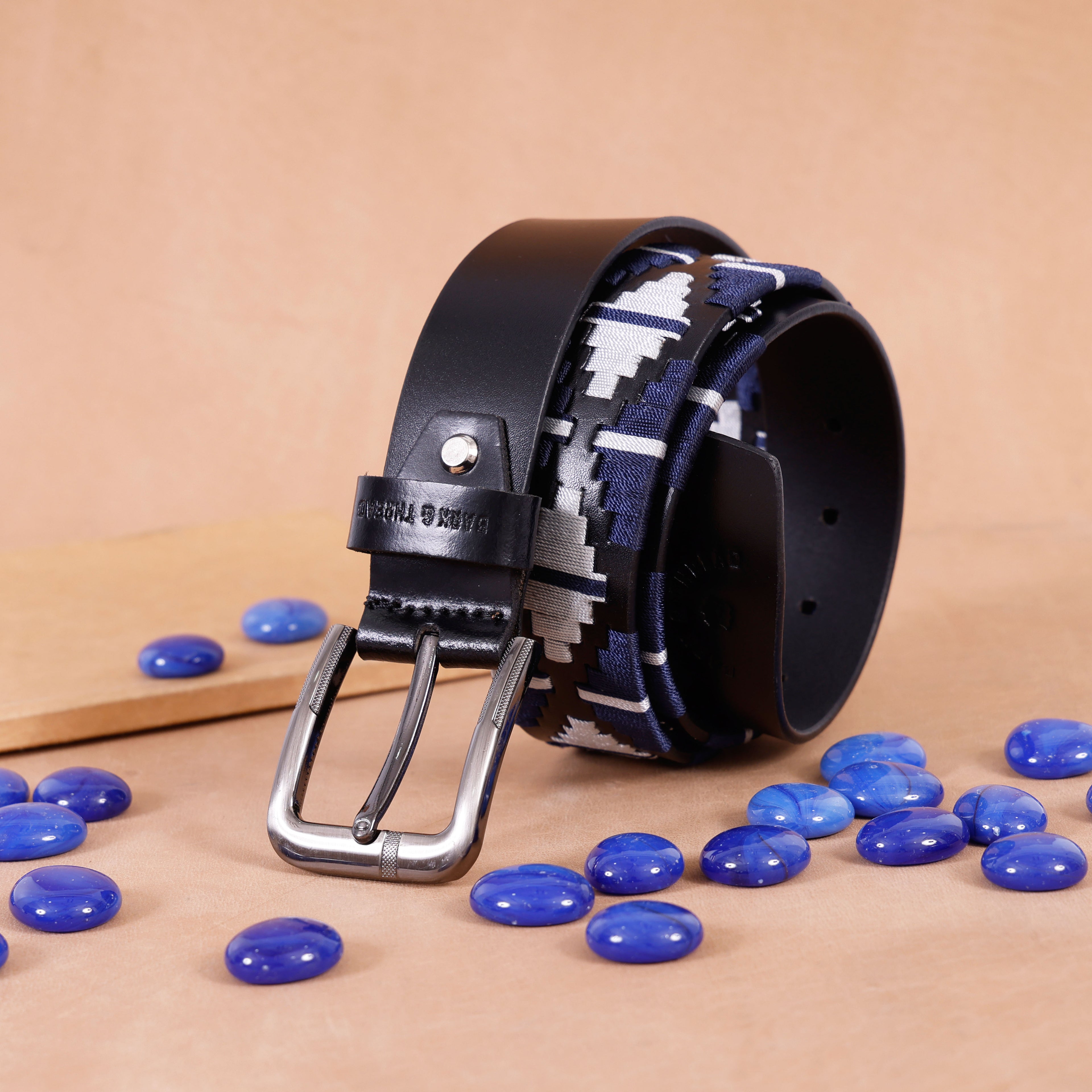 Black Leather Belt with Silver Buckle & Dark Blue and White Contrast Stitching