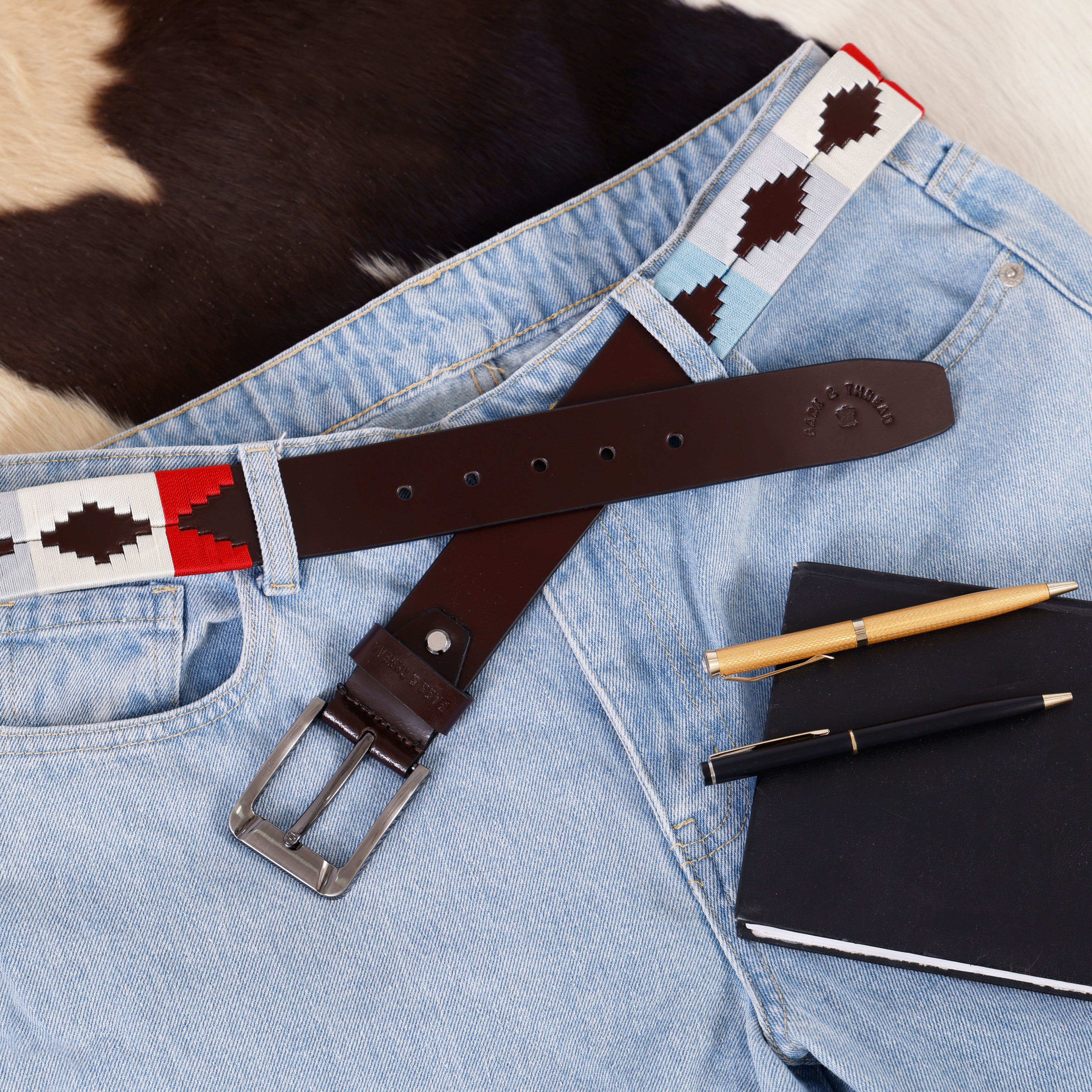 Dark Brown Leather Belt with Silver Buckle & Multicolour Contrast Stitching (White, Red & Sky Blue)