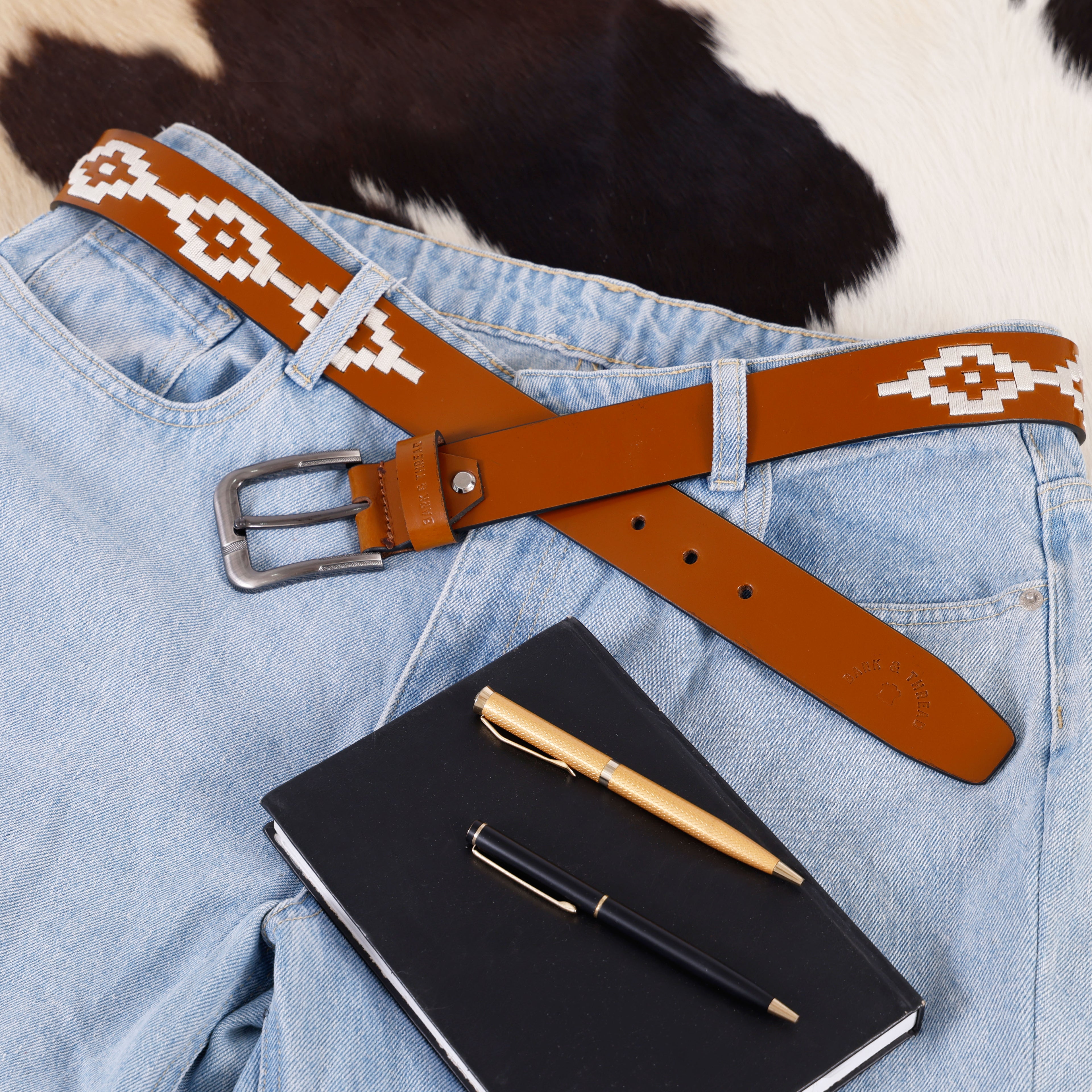 Brown Leather Belt with Silver Buckle & White Contrast Stitching