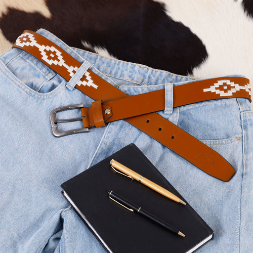 Brown Leather Belt with Silver Buckle & White Contrast Stitching