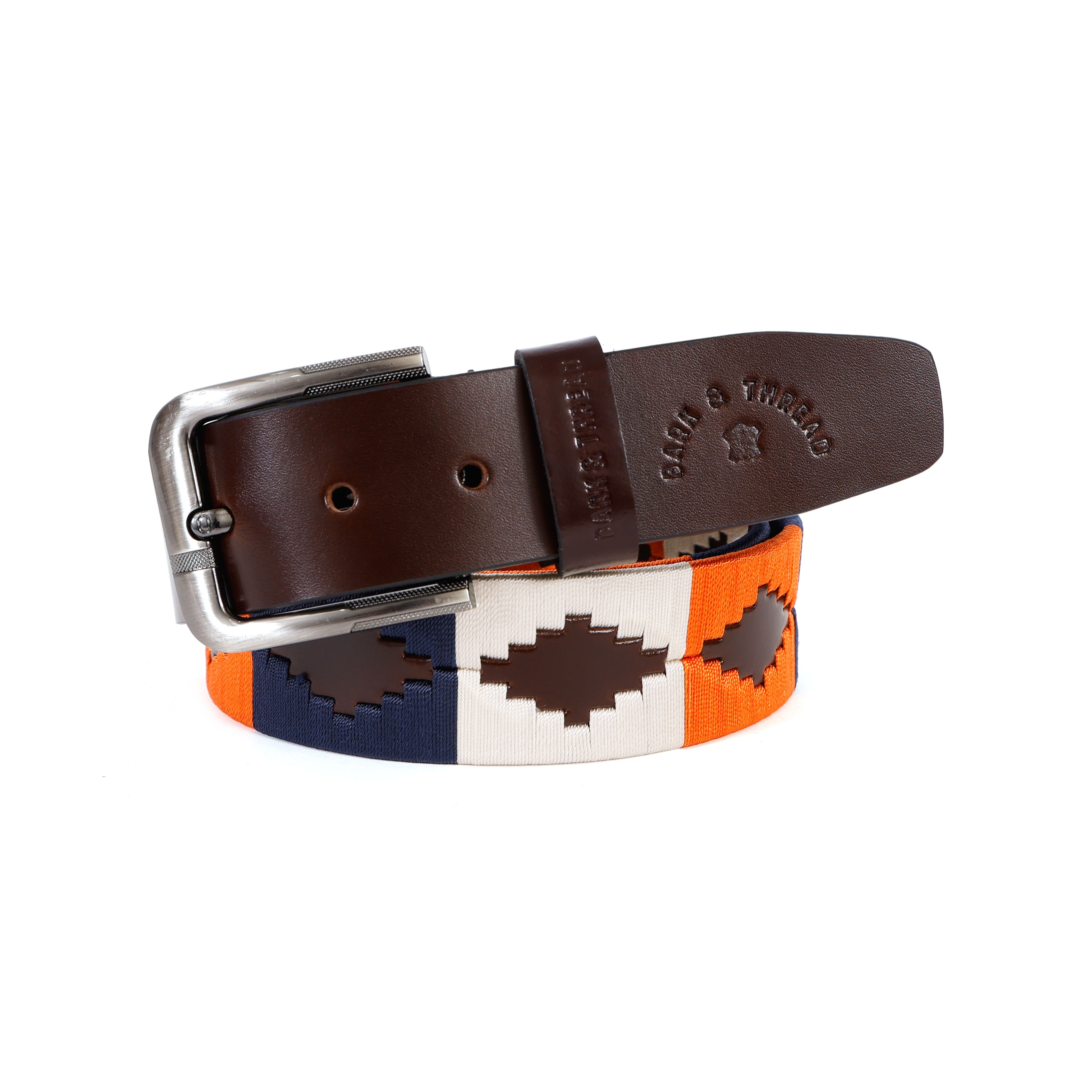 Premium Polo Leather Belt with Contrast Stitching – Brown Strap & Silver Buckle