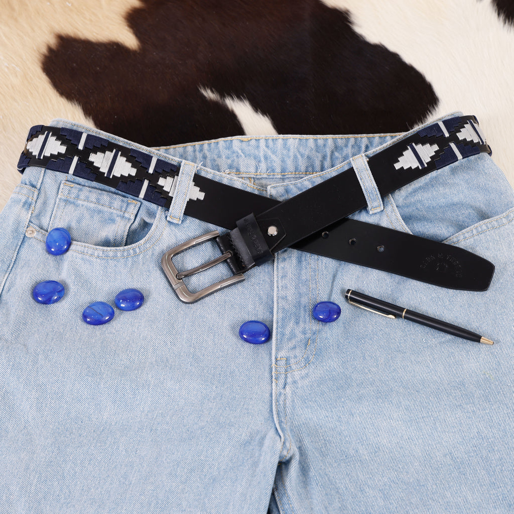 Black Leather Belt with Silver Buckle & Dark Blue and White Contrast Stitching