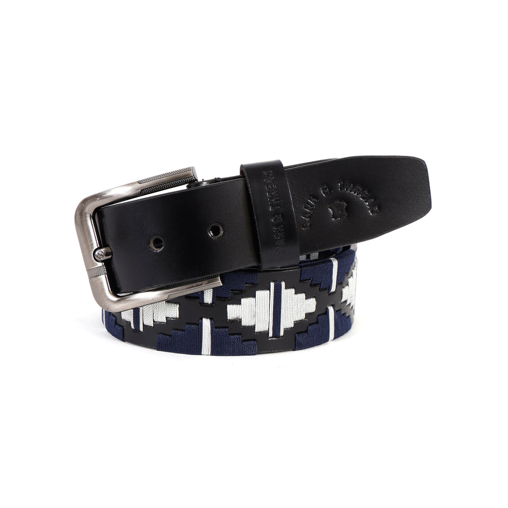 Black Leather Belt with Silver Buckle & Dark Blue and White Contrast Stitching