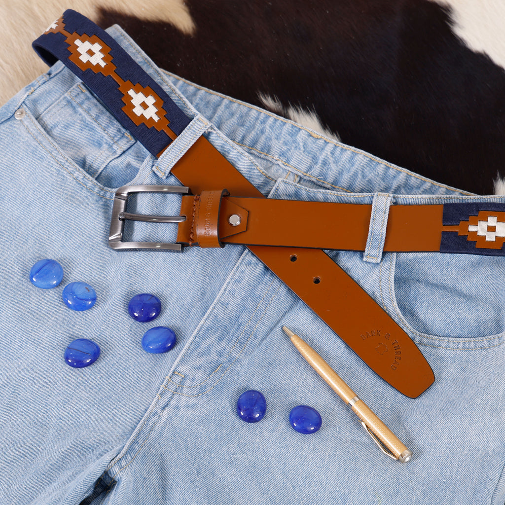 Brown Leather Belt with Silver Buckle & Dark Blue and White Contrast Stitching