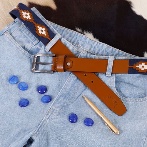 Brown Leather Belt with Silver Buckle & Dark Blue and White Contrast Stitching
