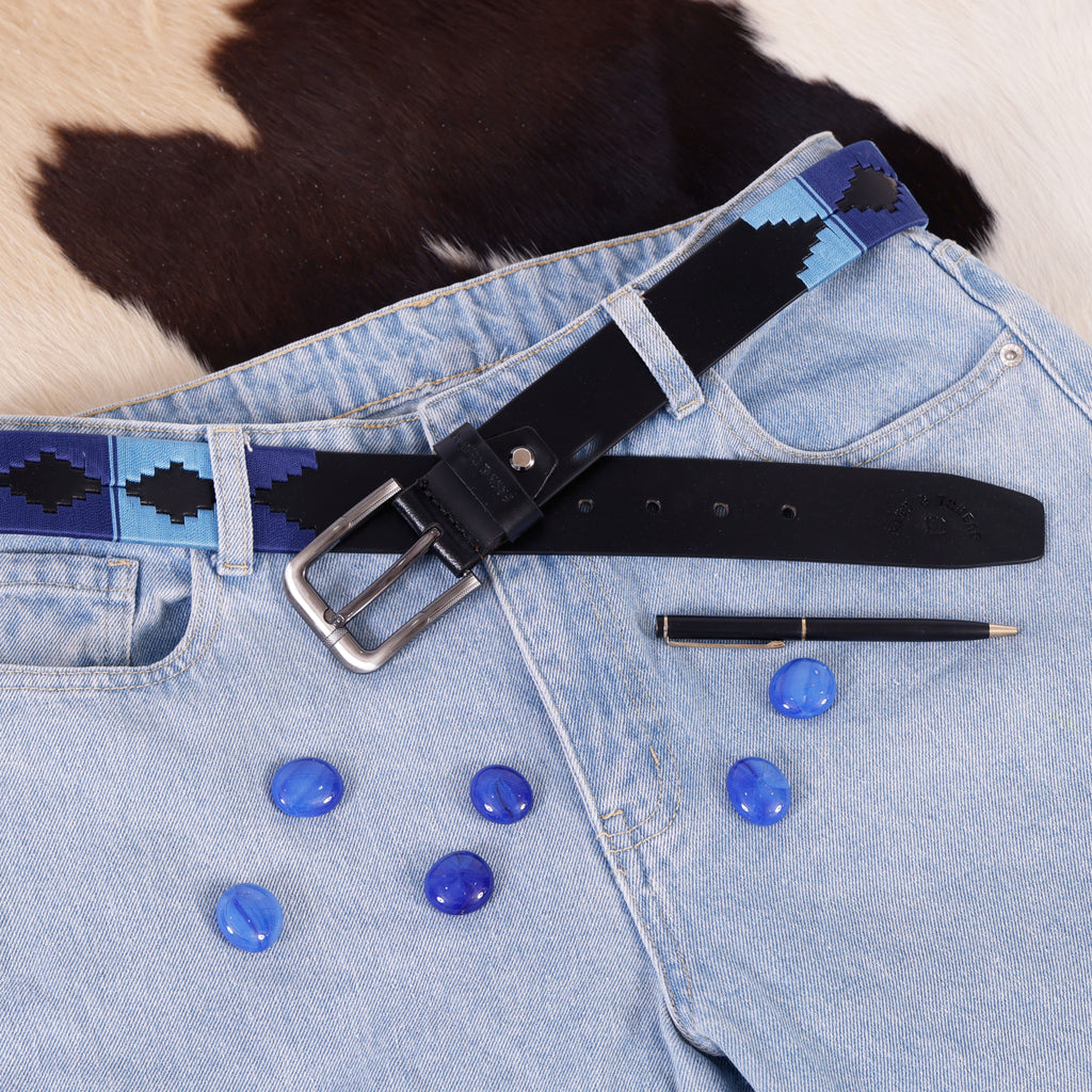 Black Leather Belt with Silver Buckle & Dual Blue Contrast Stitching