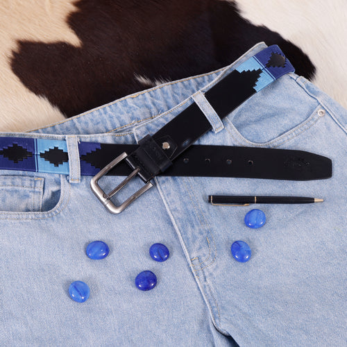 Black Leather Belt with Silver Buckle & Dual Blue Contrast Stitching