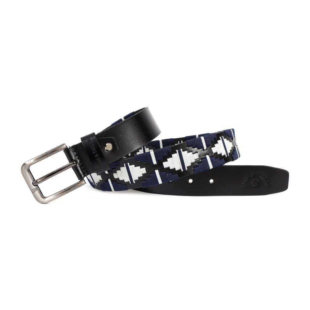 Black Leather Belt with Silver Buckle & Dark Blue and White Contrast Stitching