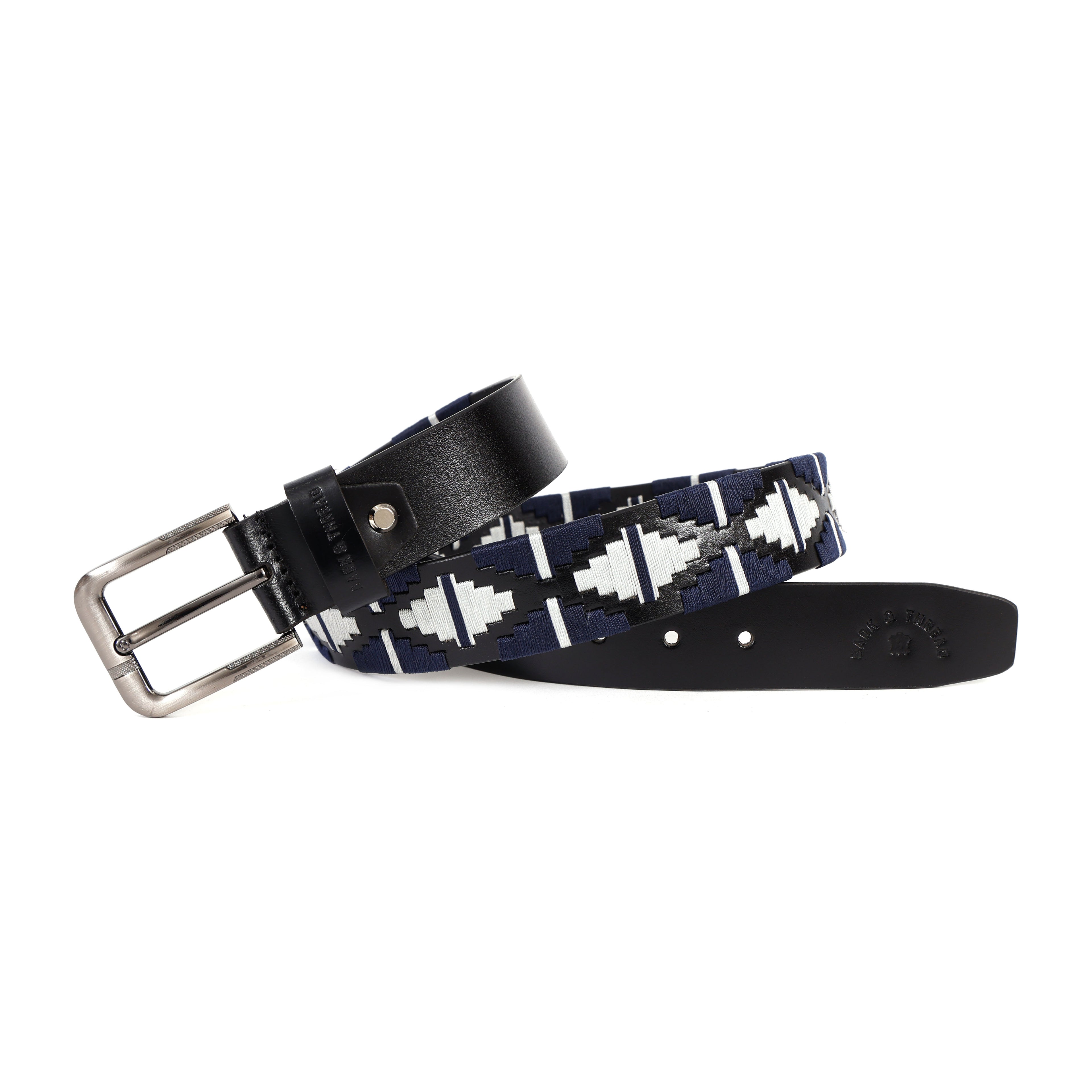 Black Leather Belt with Silver Buckle & Dark Blue and White Contrast Stitching