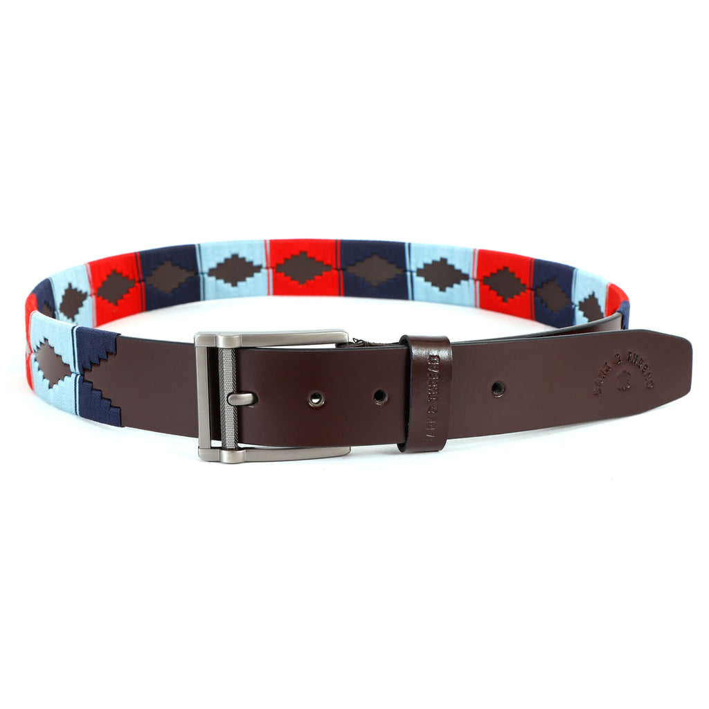 Brown Polo Leather Belt with Multicolor Stitching & Silver Buckle