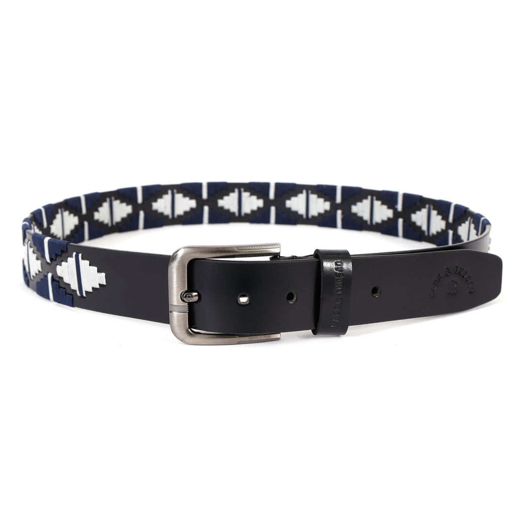 Black Leather Belt with Silver Buckle & Dark Blue and White Contrast Stitching