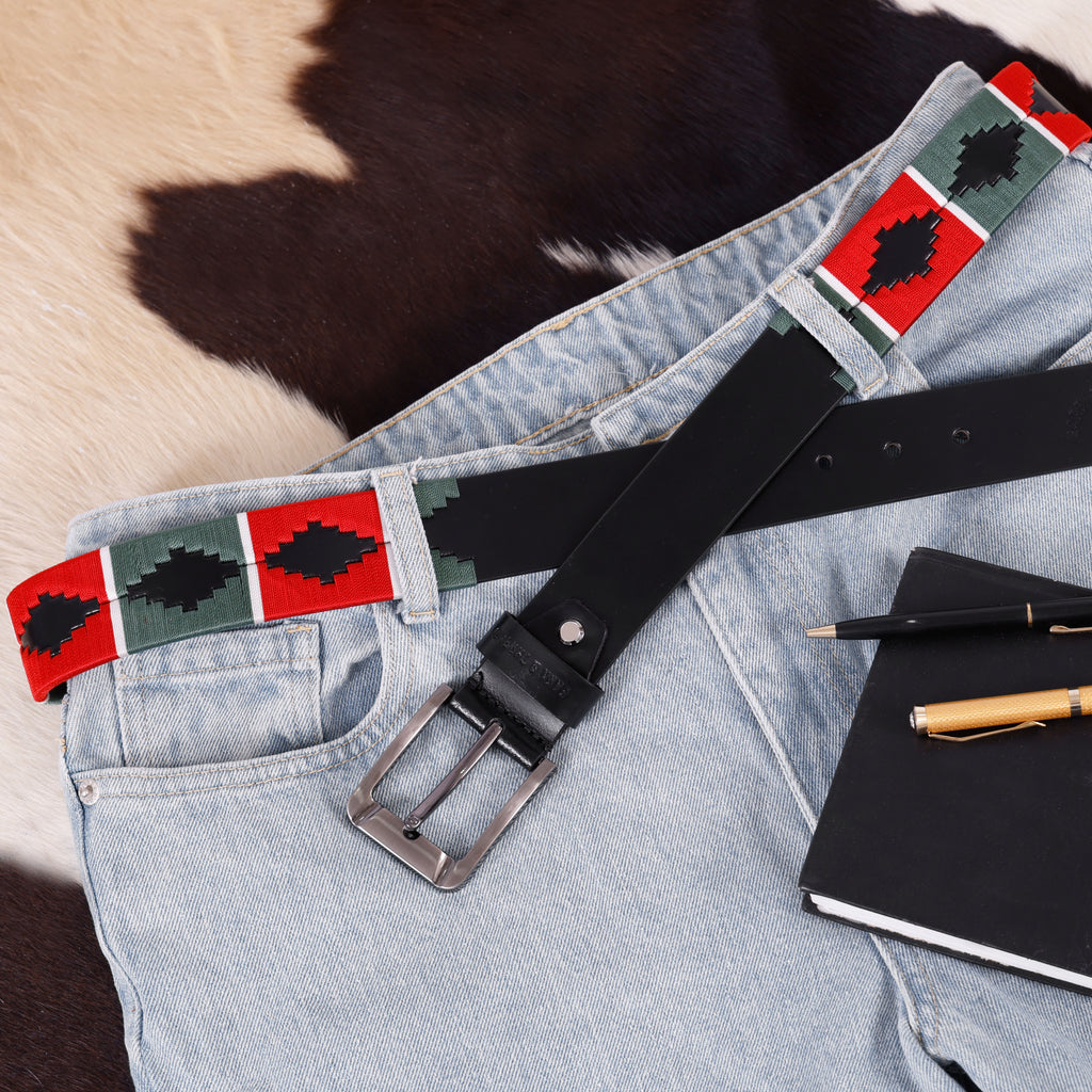 Luxury Polo Leather Belt with Red & Green Stitching – Black Strap & Silver Buckle