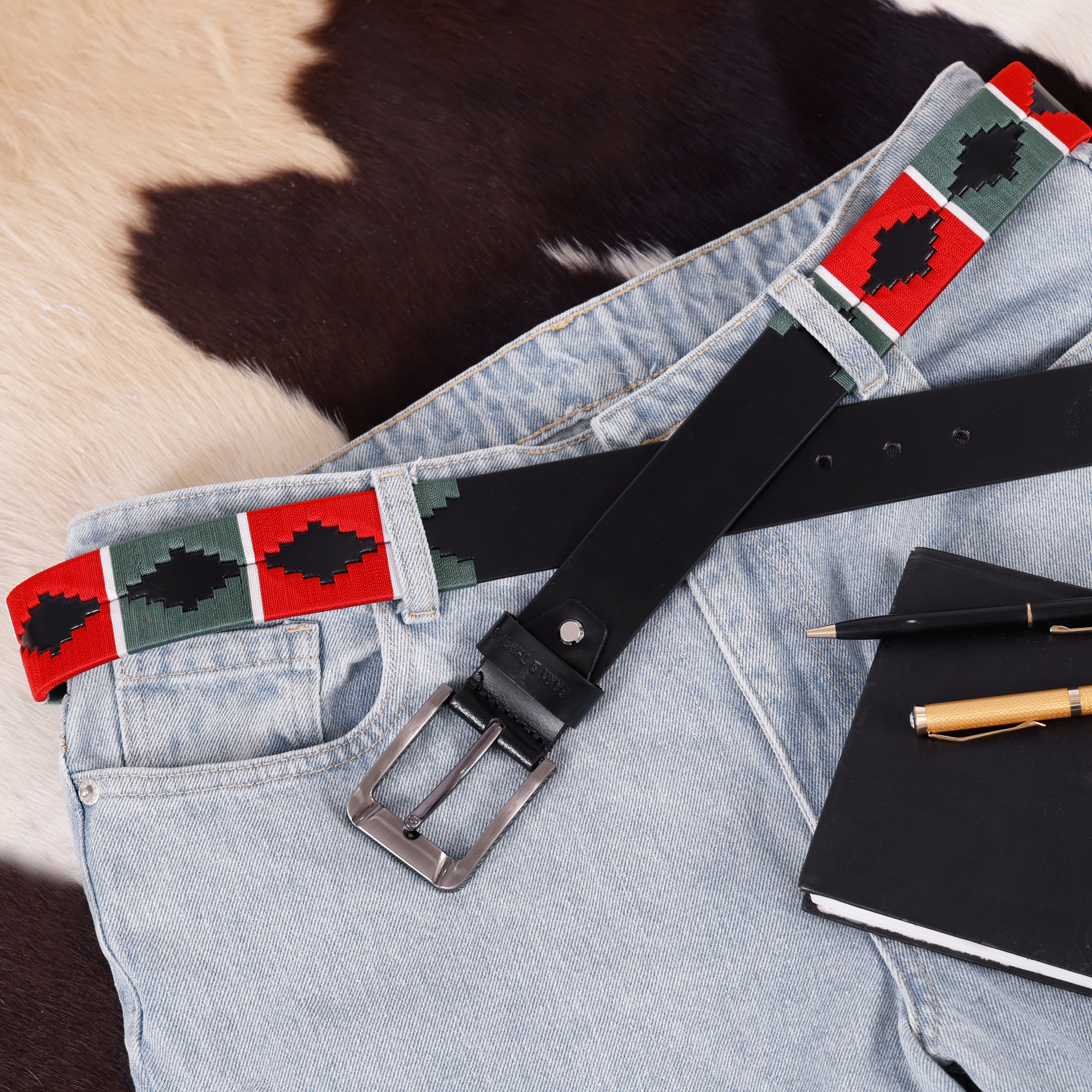 Luxury Polo Leather Belt with Red & Green Stitching – Black Strap & Silver Buckle