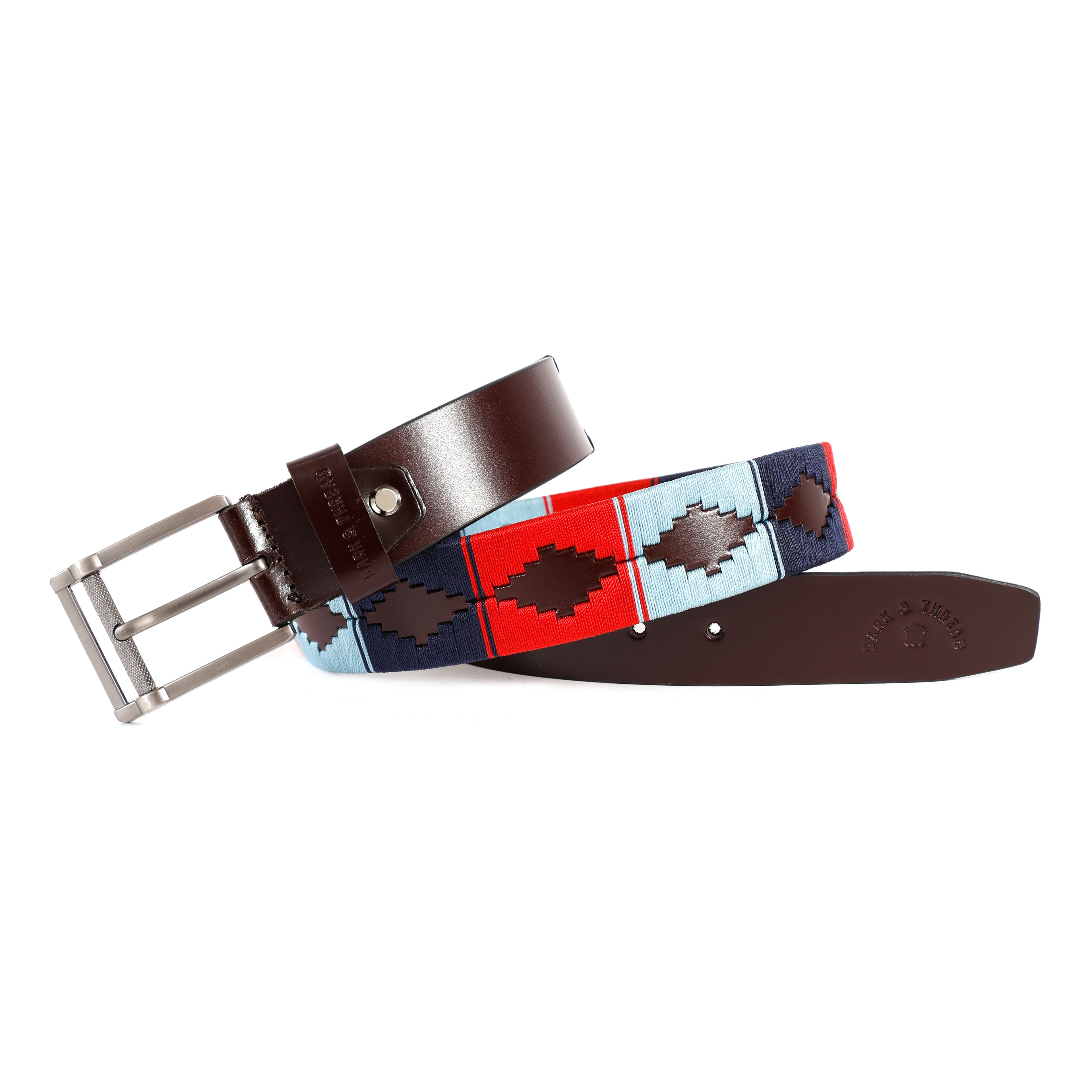 Brown Polo Leather Belt with Multicolor Stitching & Silver Buckle