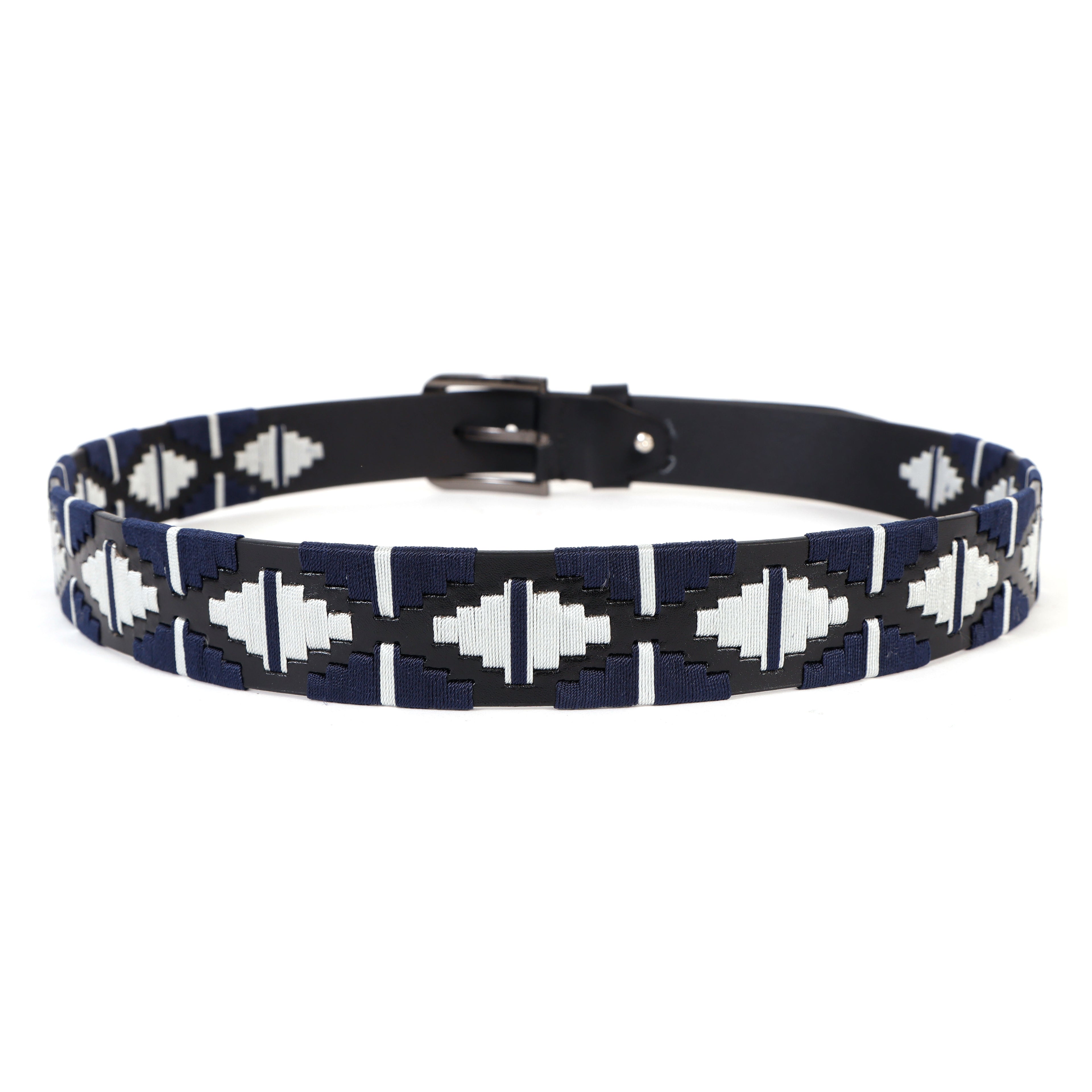 Black Leather Belt with Silver Buckle & Dark Blue and White Contrast Stitching