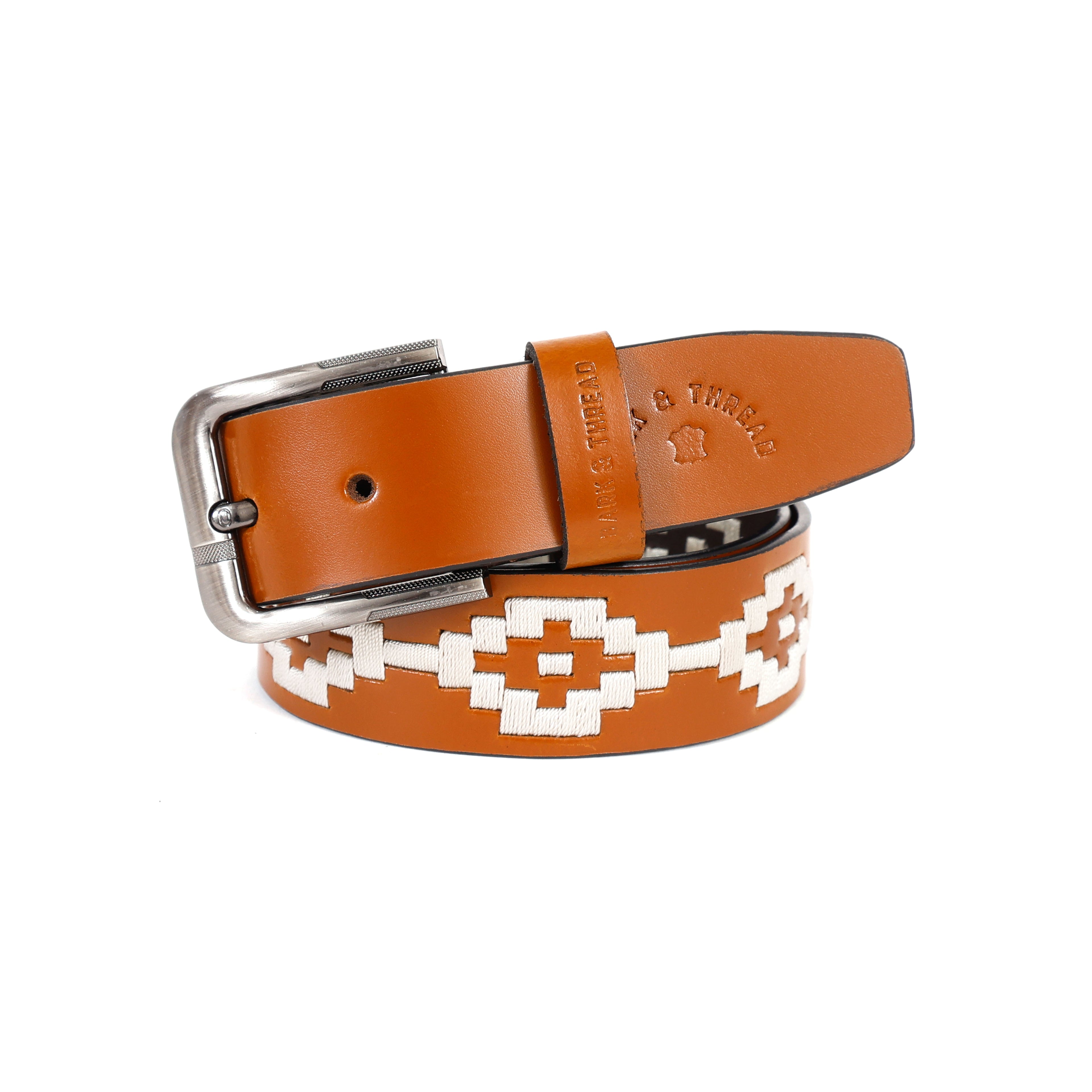 Brown Leather Belt with Silver Buckle & White Contrast Stitching