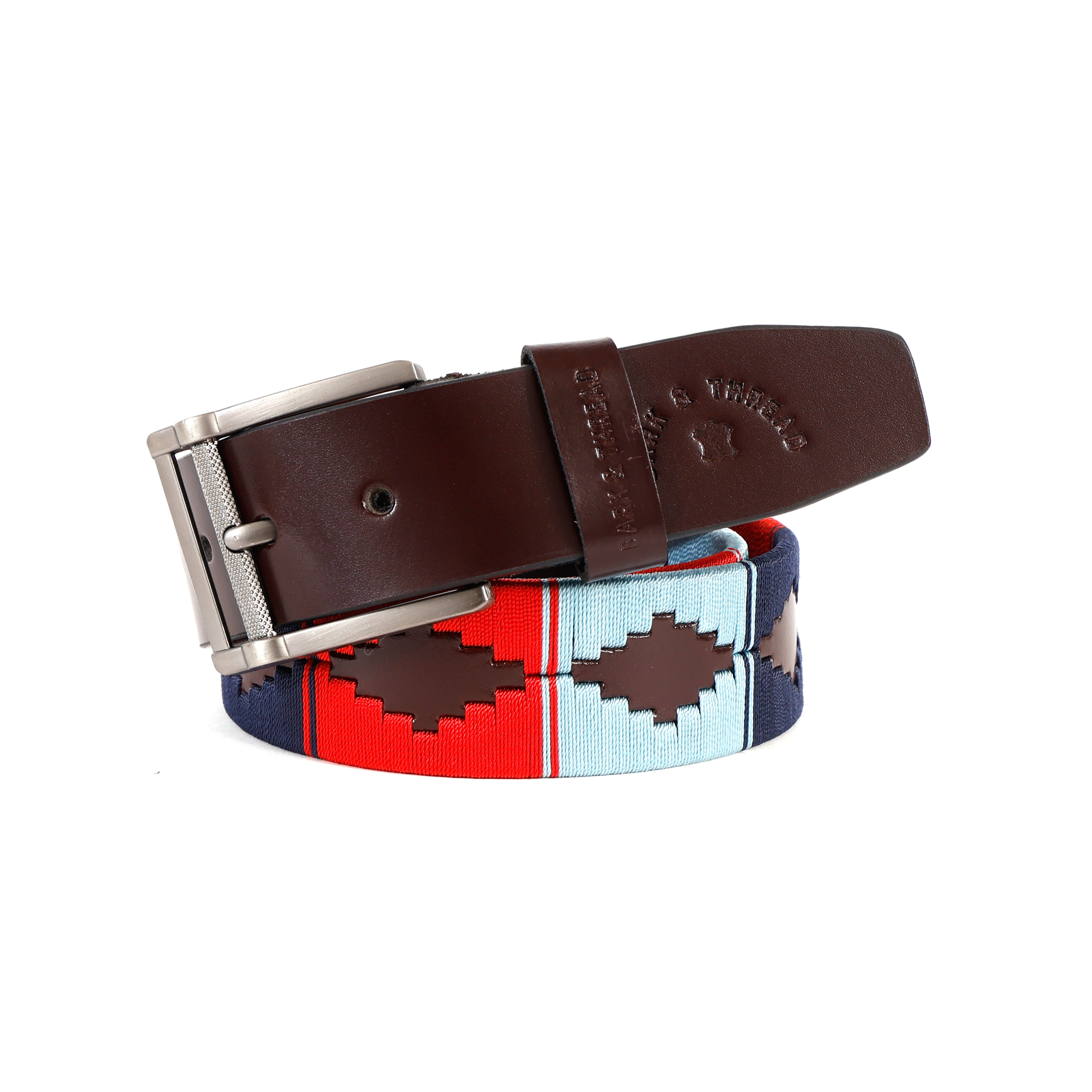 Brown Polo Leather Belt with Multicolor Stitching & Silver Buckle