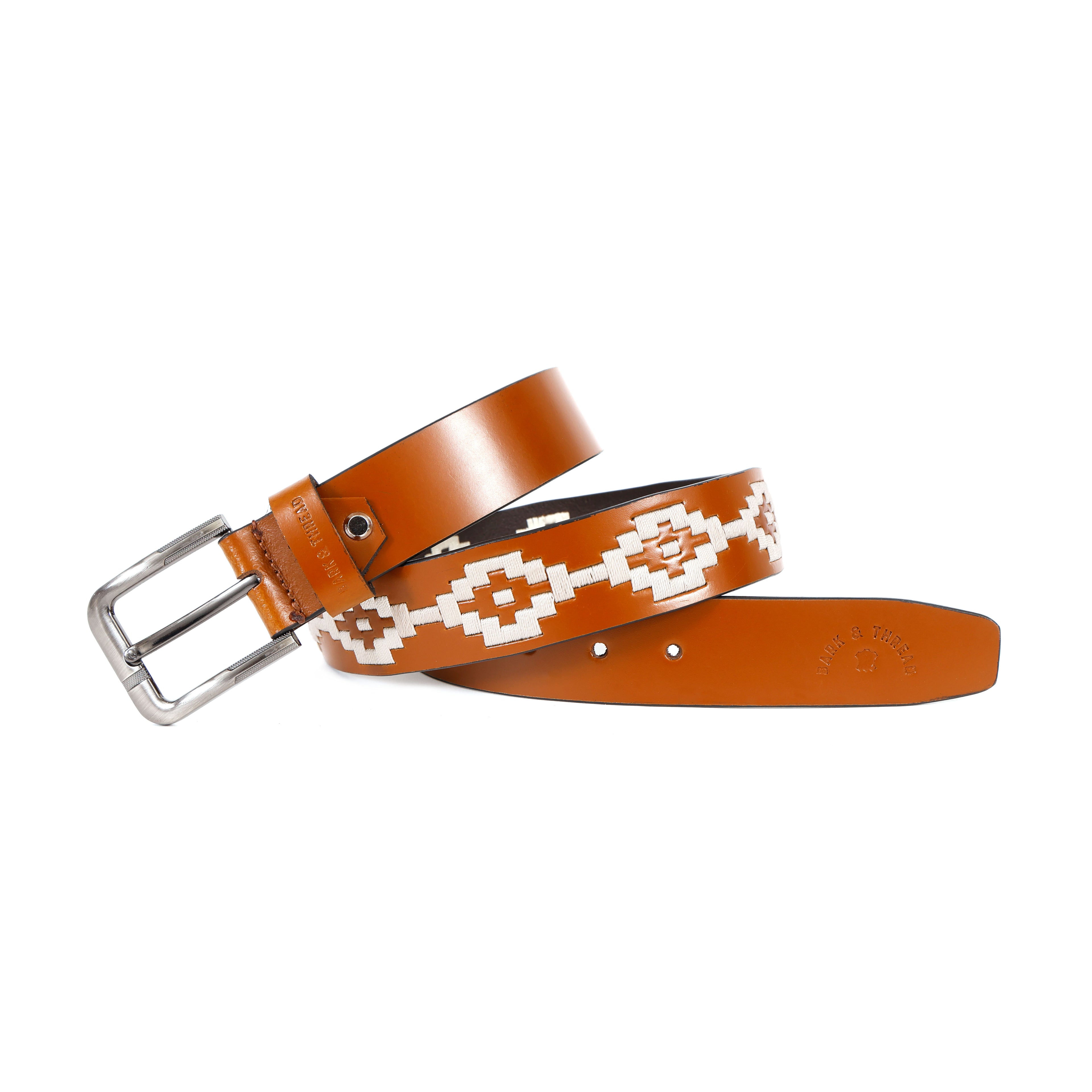 Brown Leather Belt with Silver Buckle & White Contrast Stitching