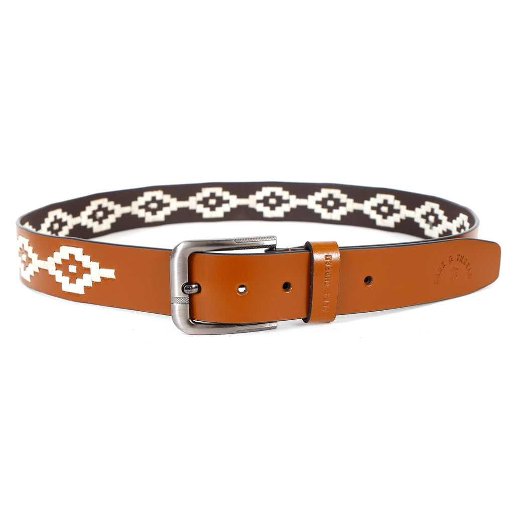 Brown Leather Belt with Silver Buckle & White Contrast Stitching