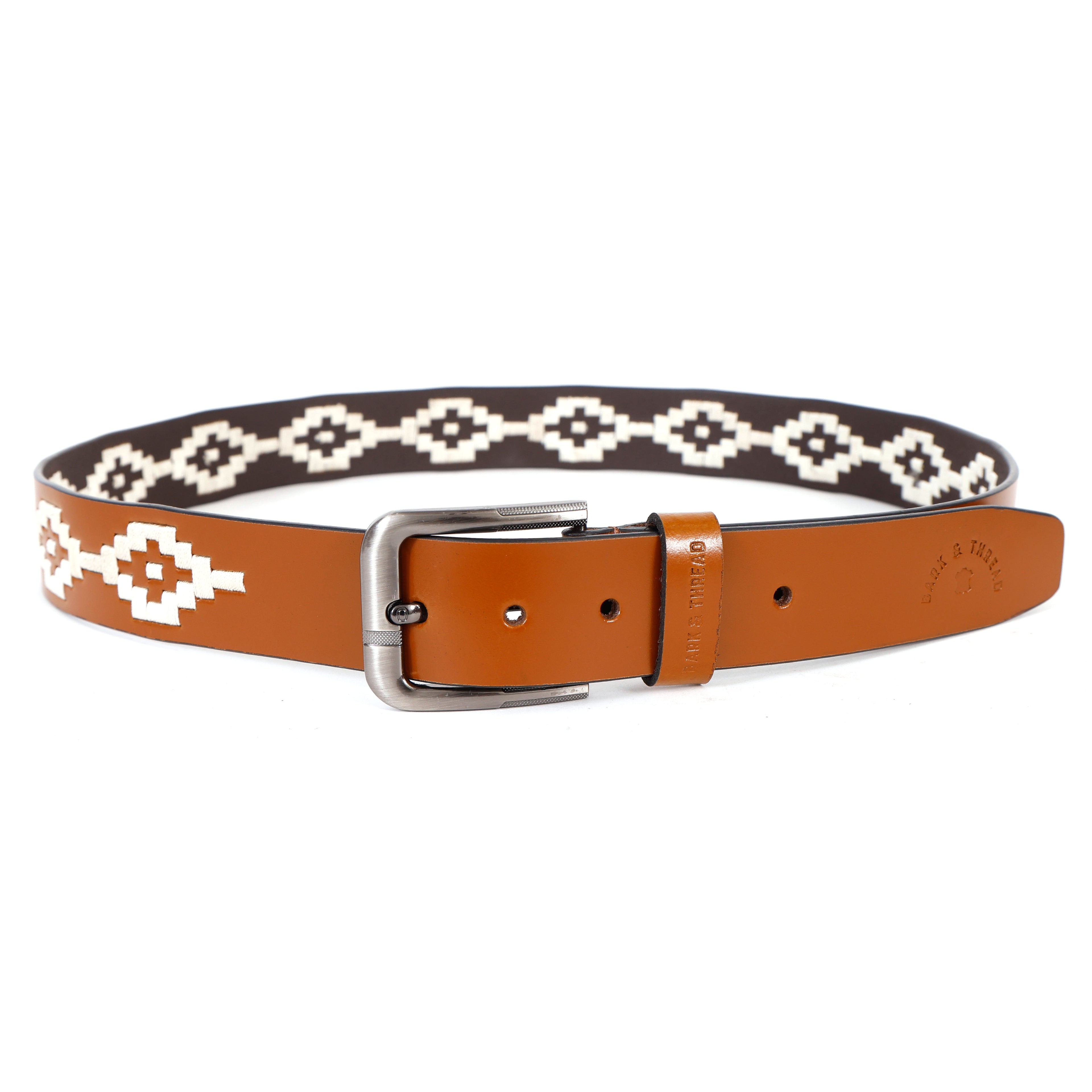 Brown Leather Belt with Silver Buckle & White Contrast Stitching