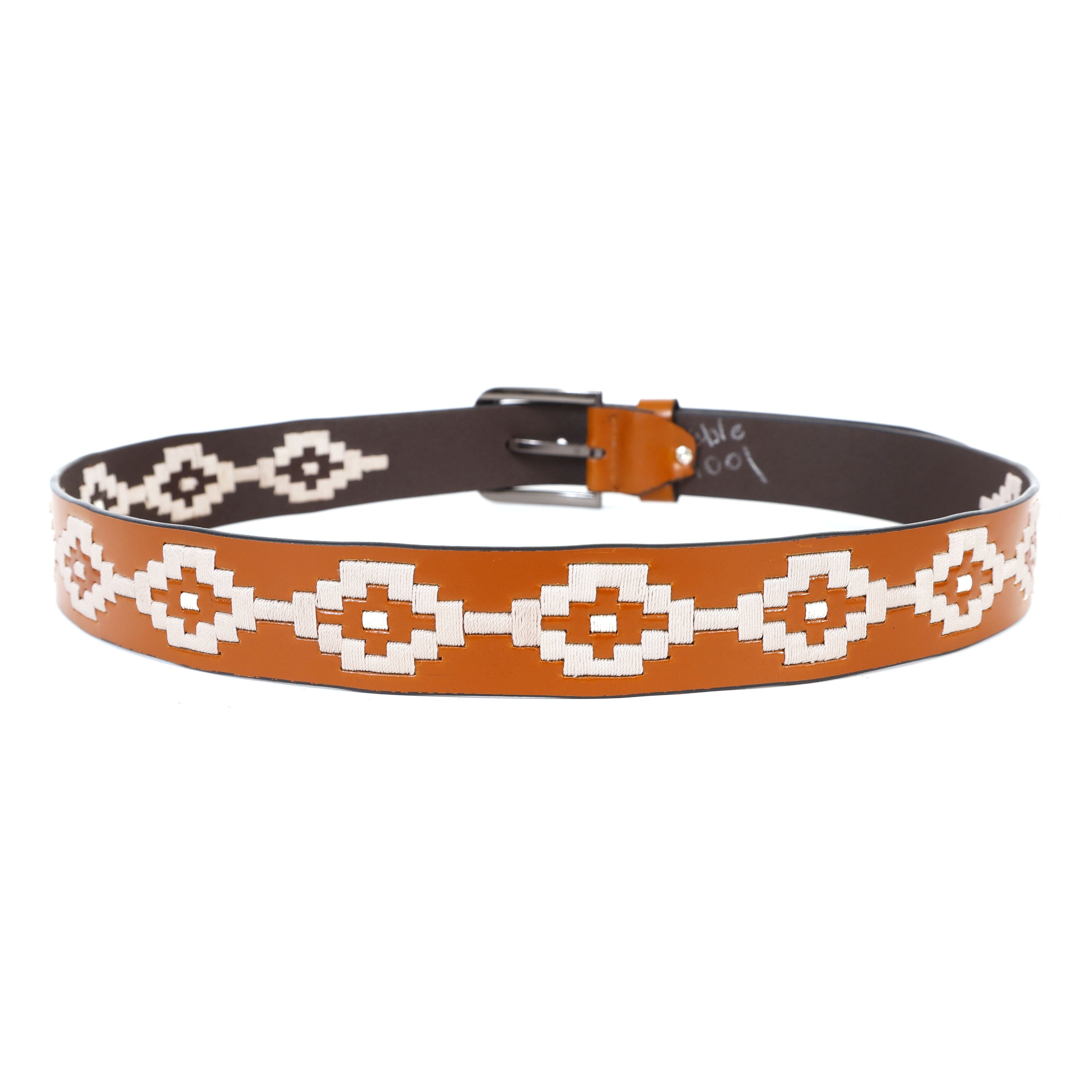 Brown Leather Belt with Silver Buckle & White Contrast Stitching