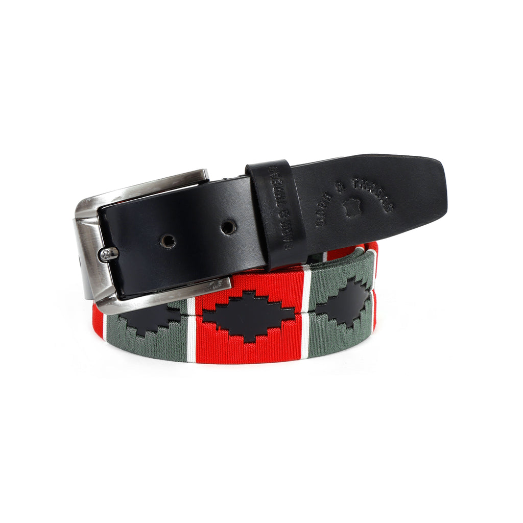 Luxury Polo Leather Belt with Red & Green Stitching – Black Strap & Silver Buckle
