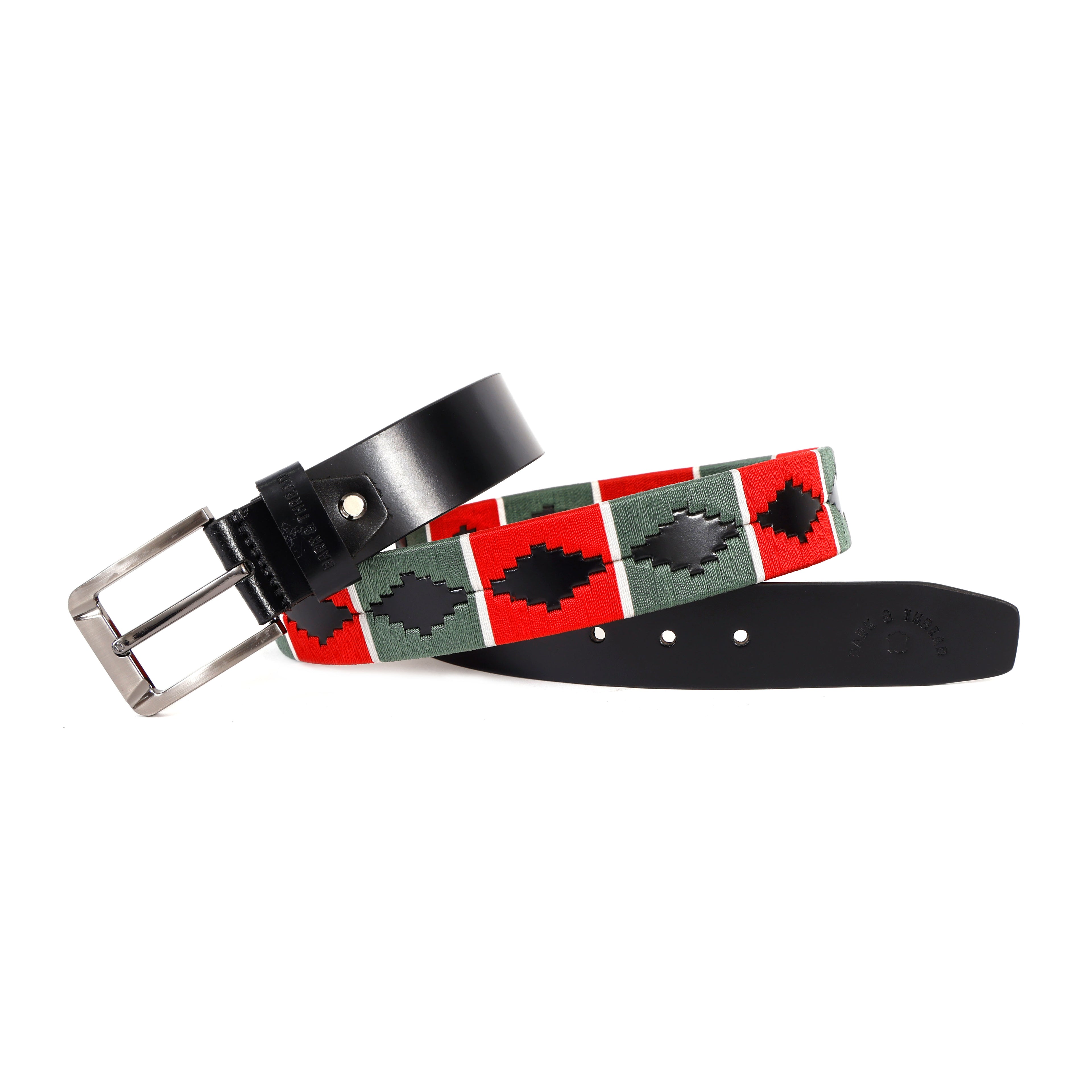 Luxury Polo Leather Belt with Red & Green Stitching – Black Strap & Silver Buckle