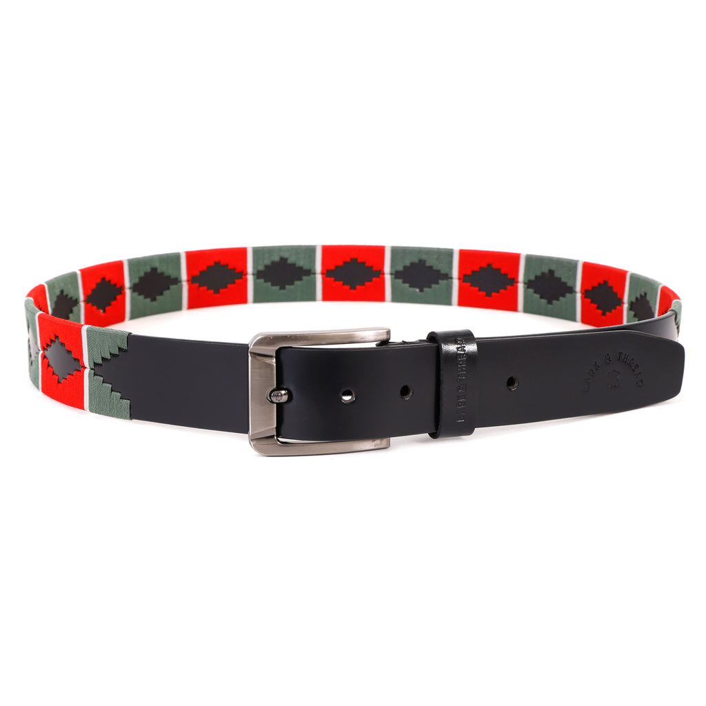 Luxury Polo Leather Belt with Red & Green Stitching – Black Strap & Silver Buckle