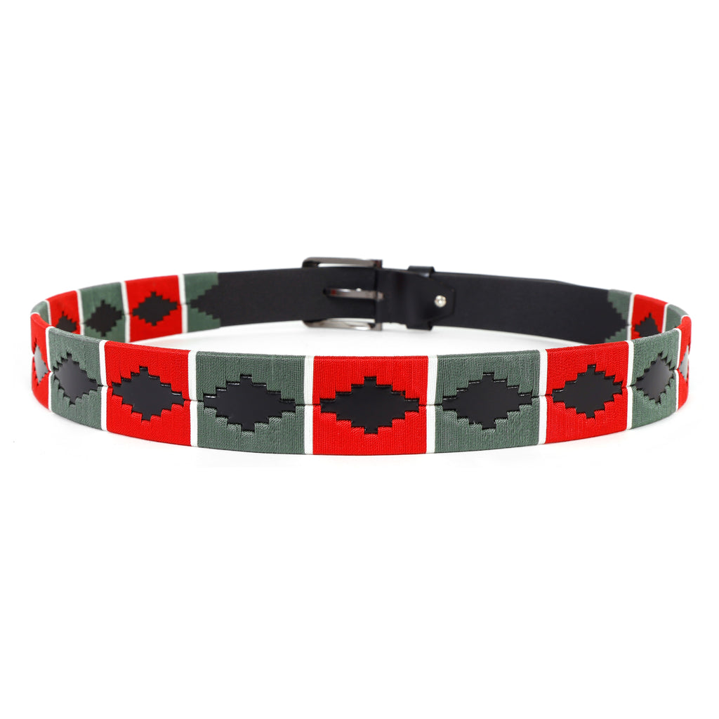 Luxury Polo Leather Belt with Red & Green Stitching – Black Strap & Silver Buckle
