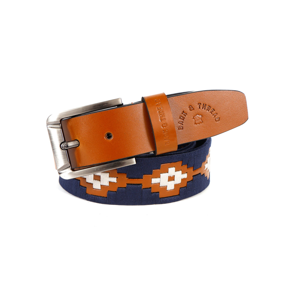 Brown Leather Belt with Silver Buckle & Dark Blue and White Contrast Stitching