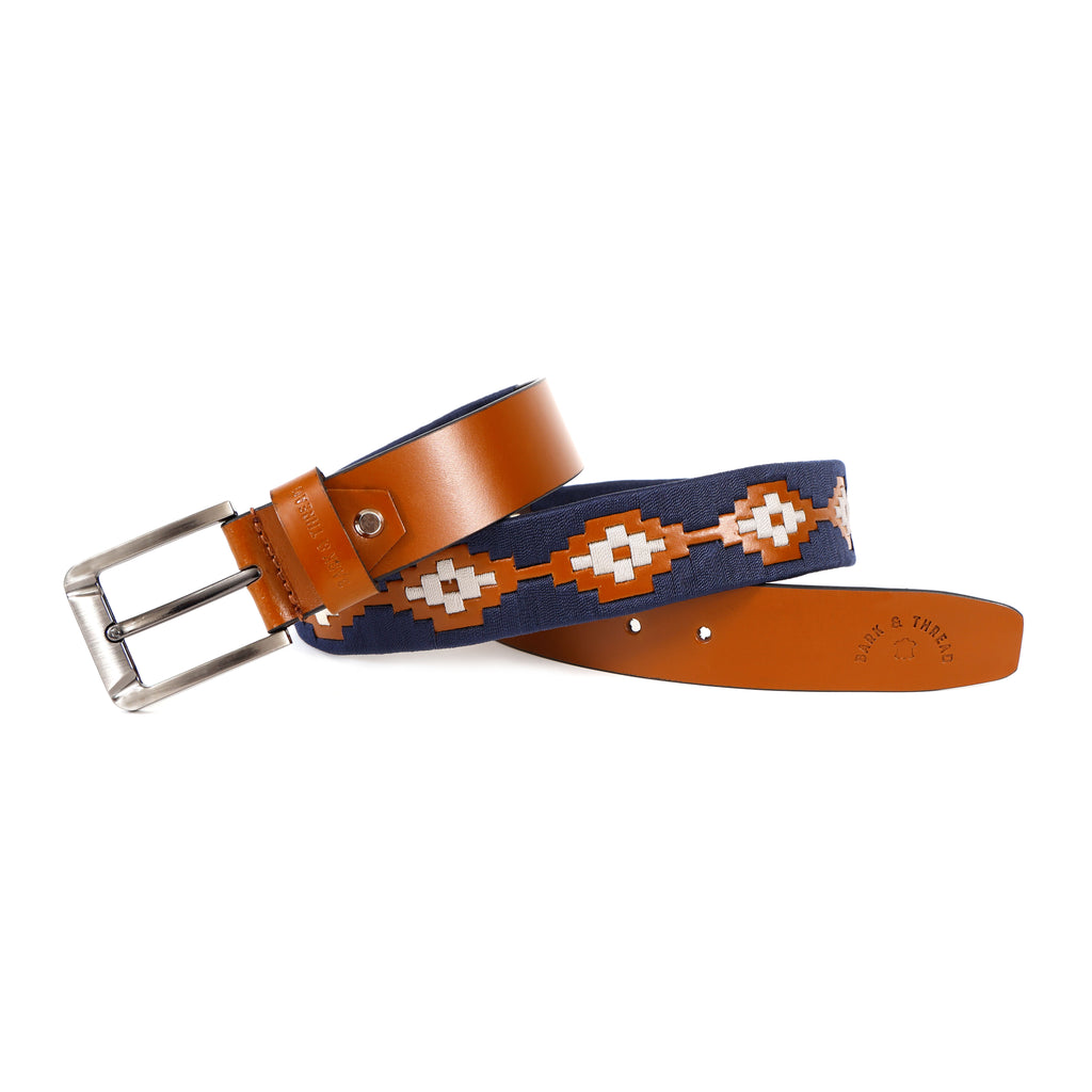 Brown Leather Belt with Silver Buckle & Dark Blue and White Contrast Stitching