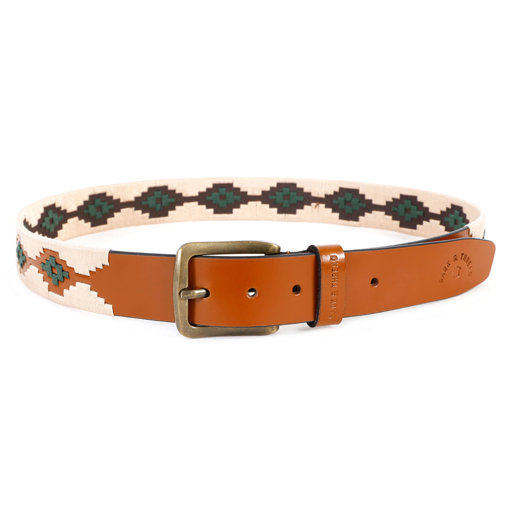 Premium Polo Leather Belt with Cream & Green Stitching – Tan Strap & Golden Buckle