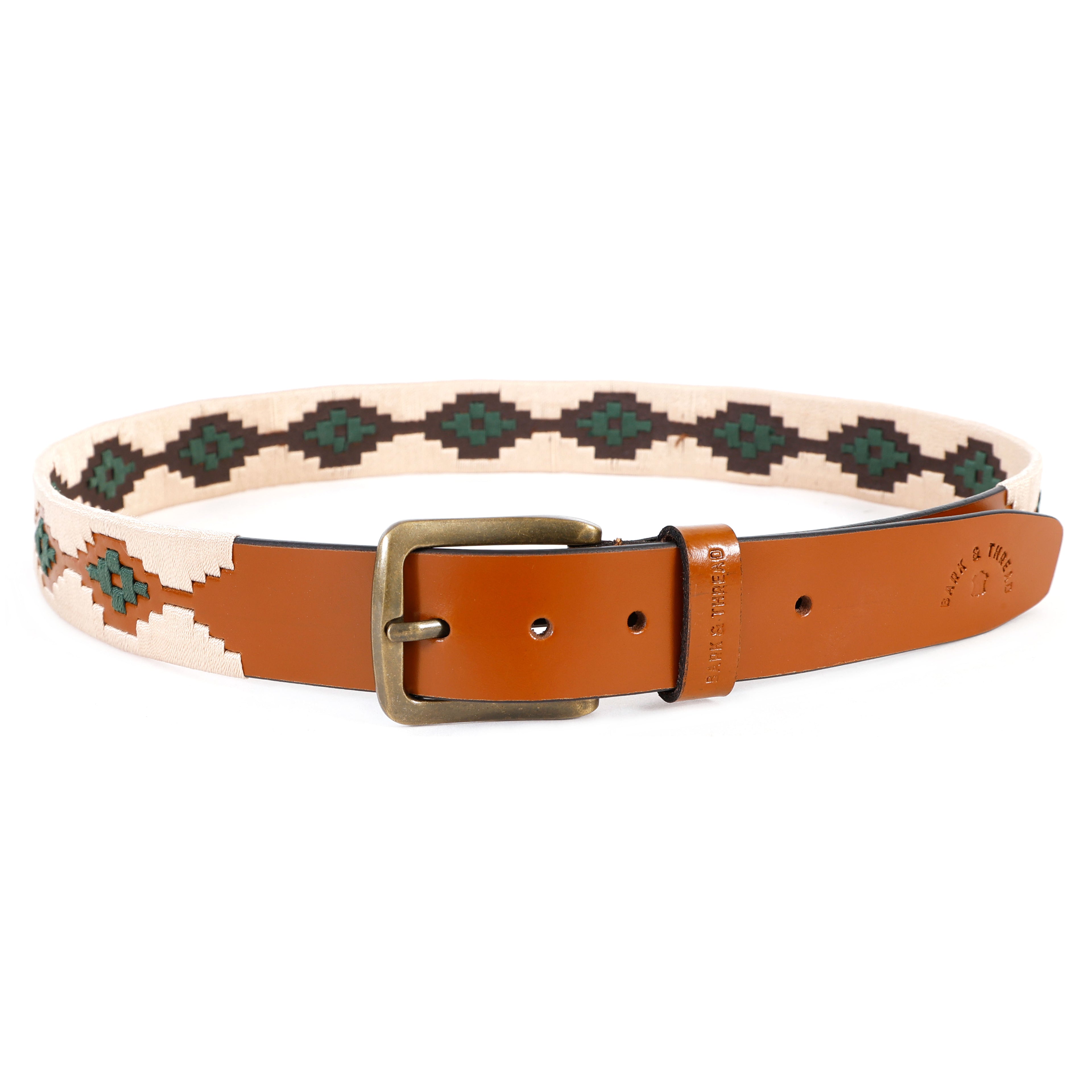 Premium Polo Leather Belt with Cream & Green Stitching – Tan Strap & Golden Buckle