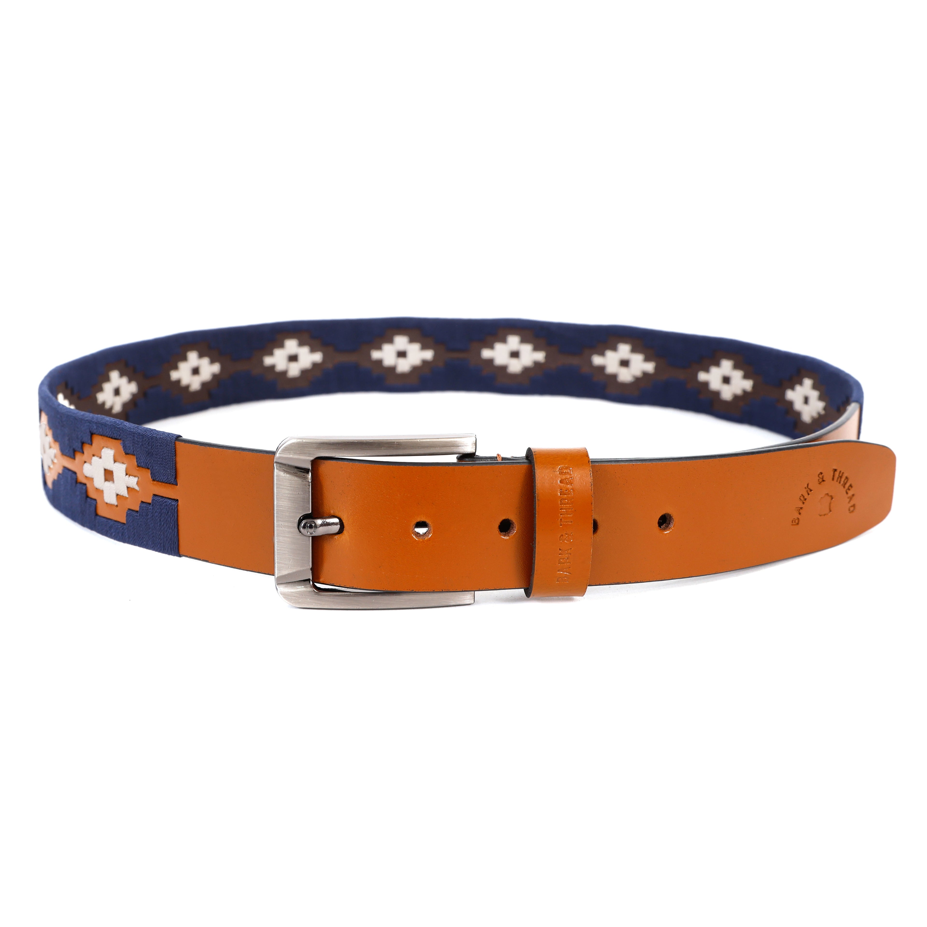 Brown Leather Belt with Silver Buckle & Dark Blue and White Contrast Stitching