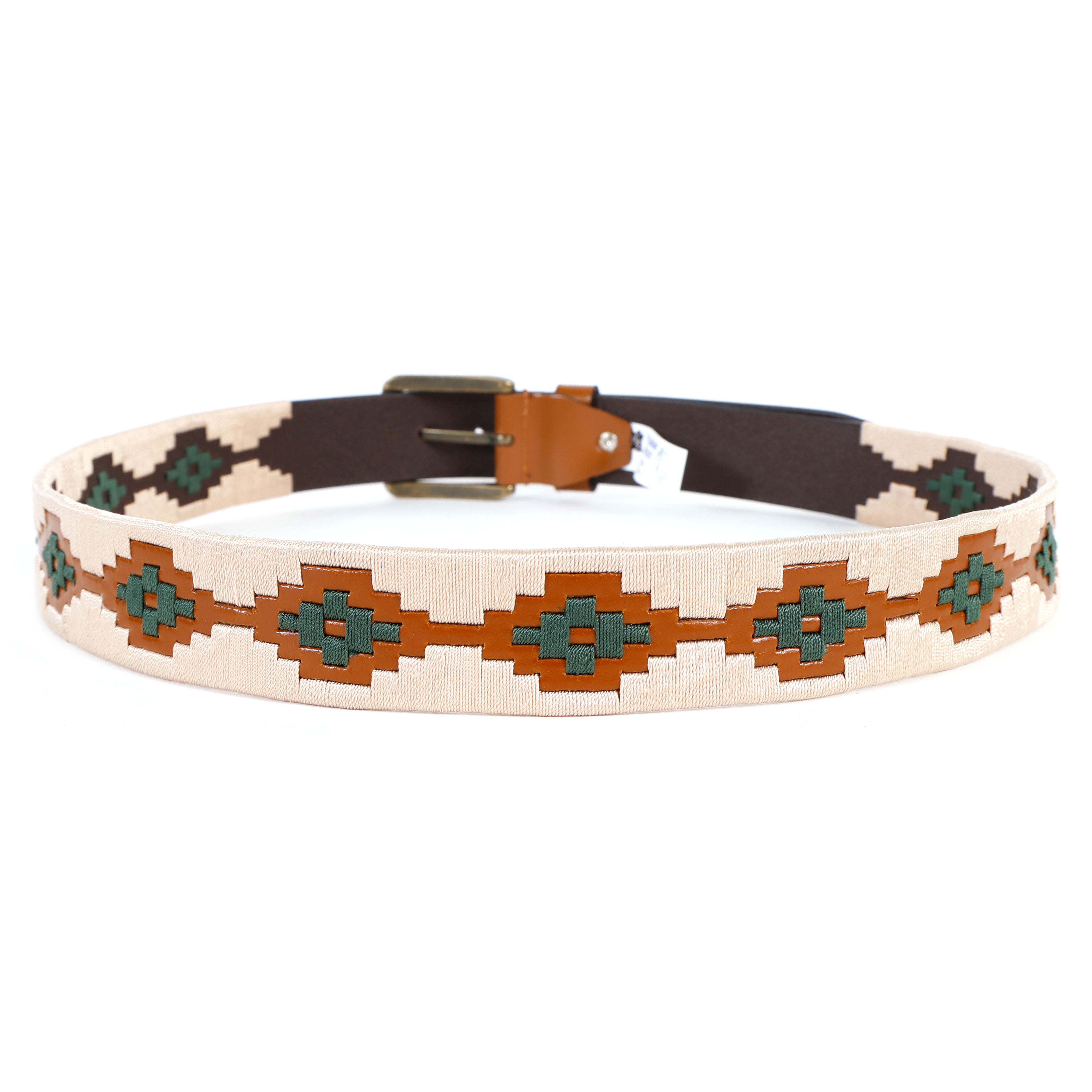 Premium Polo Leather Belt with Cream & Green Stitching – Tan Strap & Golden Buckle