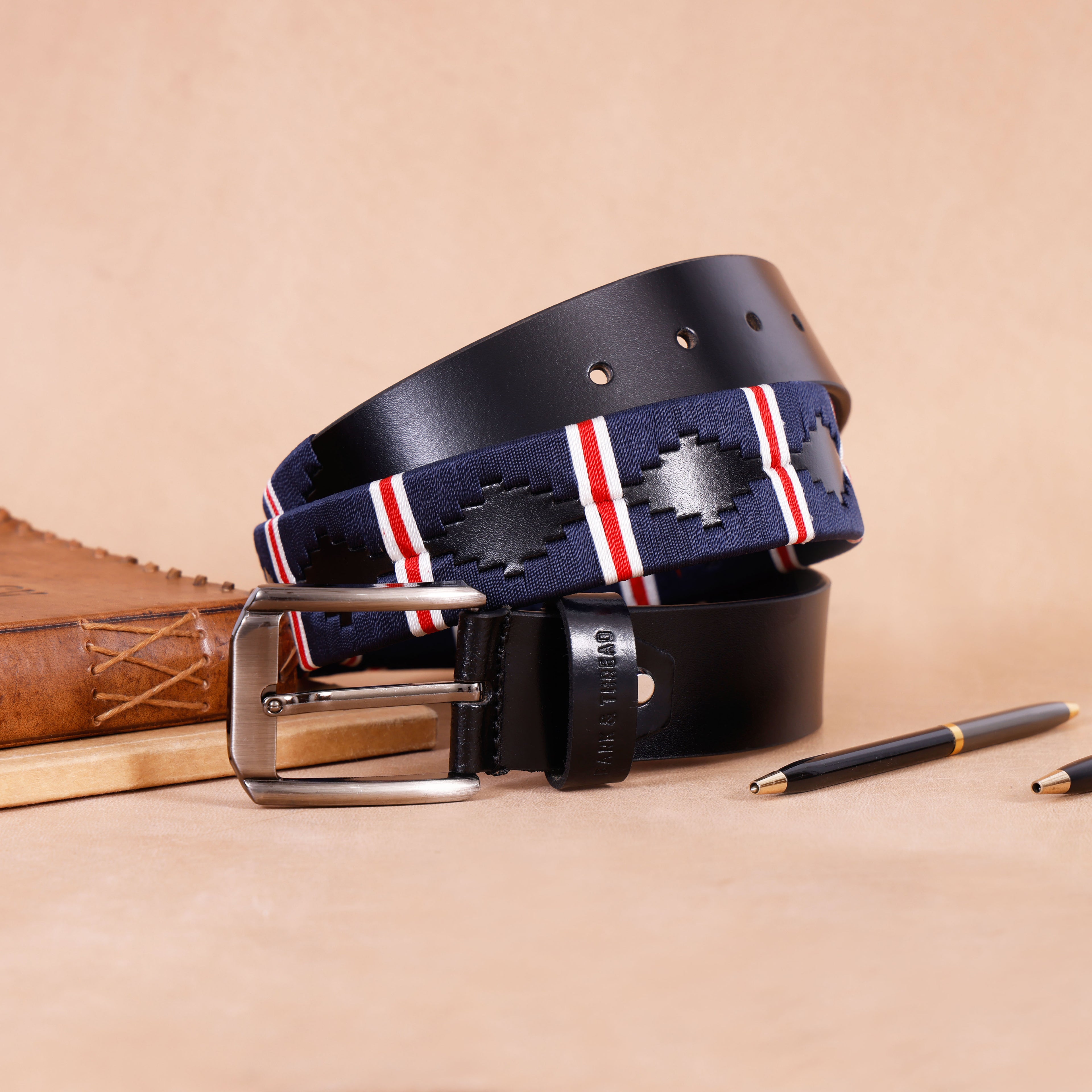 Luxury Polo Leather Belt with Multicolour Stitching – Black Strap & Silver Buckle