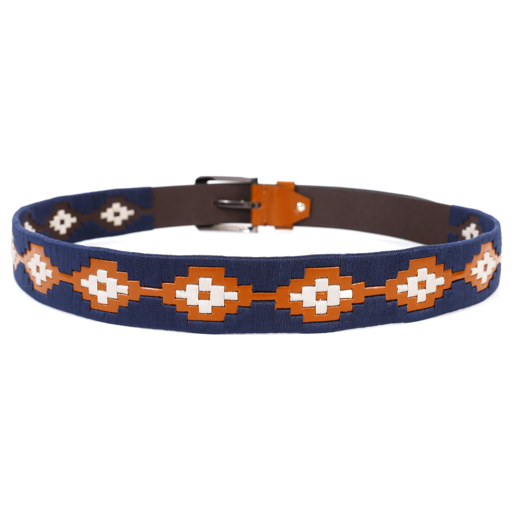 Brown Leather Belt with Silver Buckle & Dark Blue and White Contrast Stitching