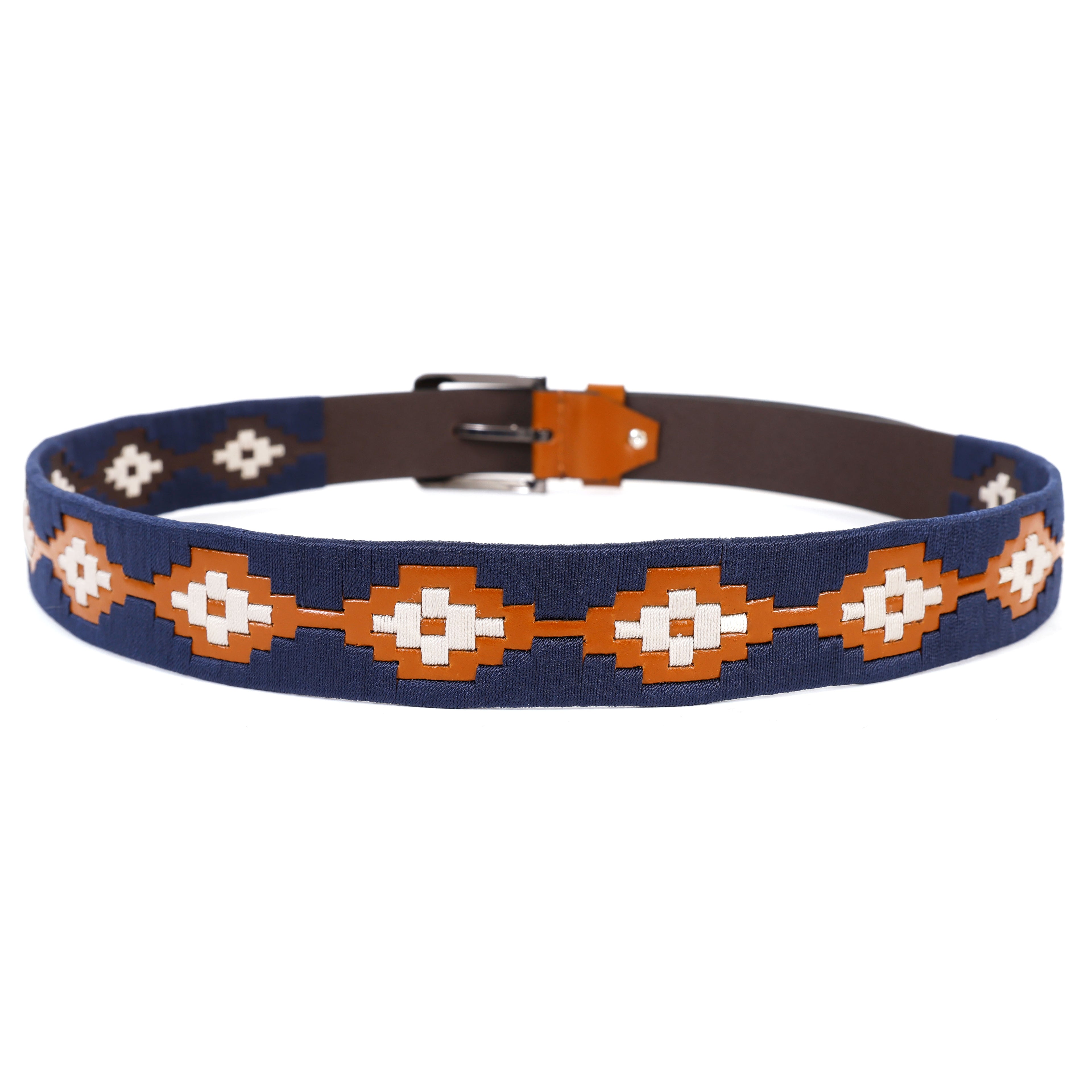 Brown Leather Belt with Silver Buckle & Dark Blue and White Contrast Stitching