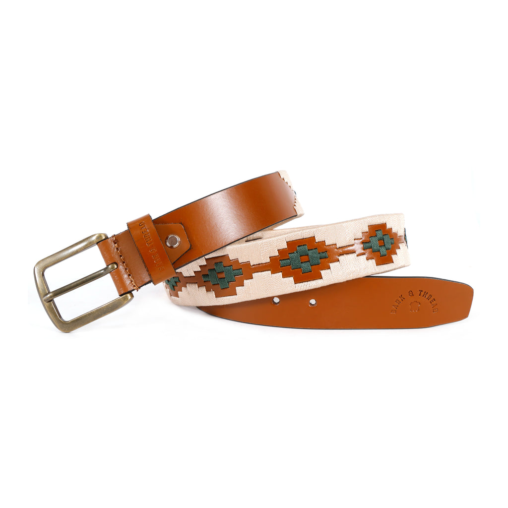 Premium Polo Leather Belt with Cream & Green Stitching – Tan Strap & Golden Buckle