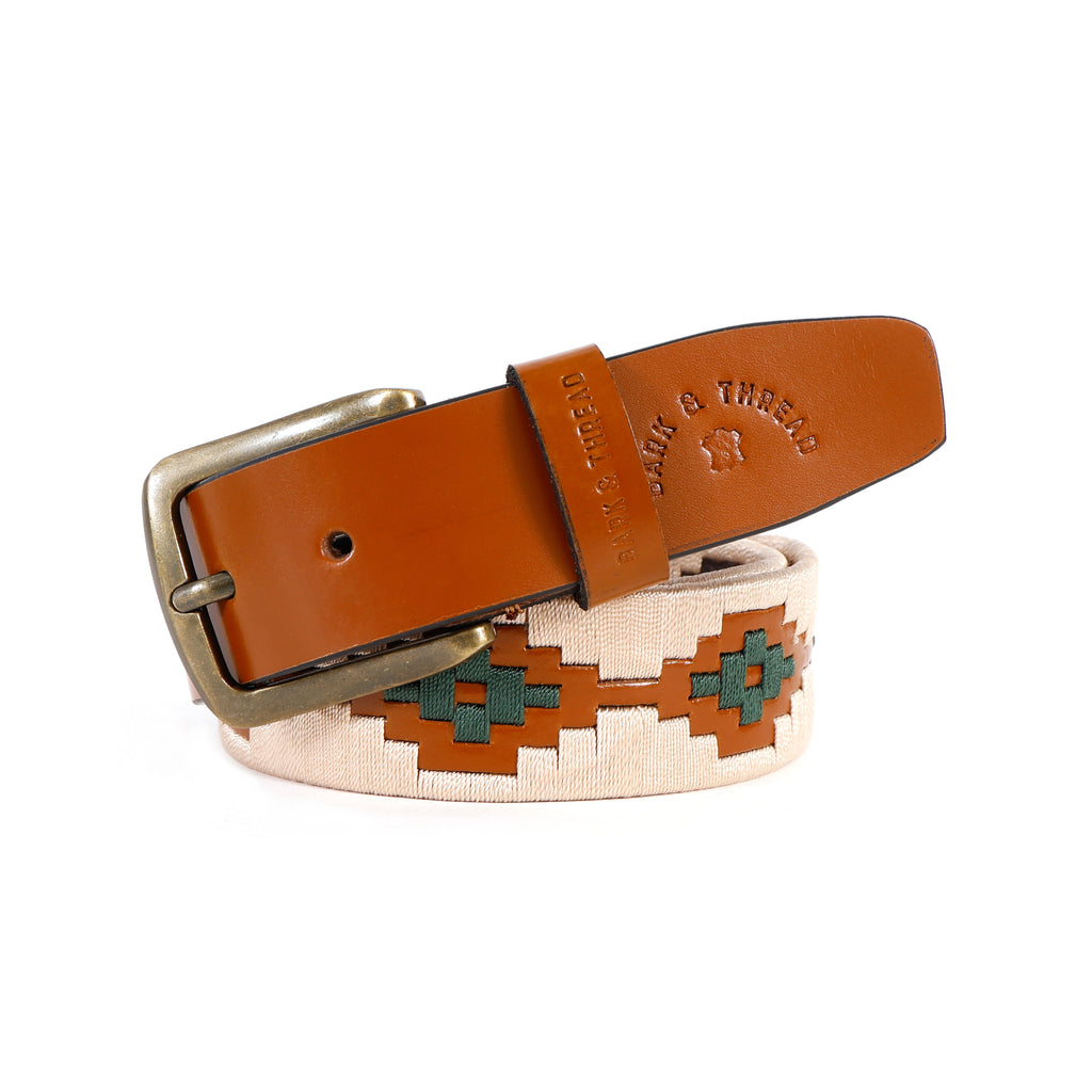 Premium Polo Leather Belt with Cream & Green Stitching – Tan Strap & Golden Buckle