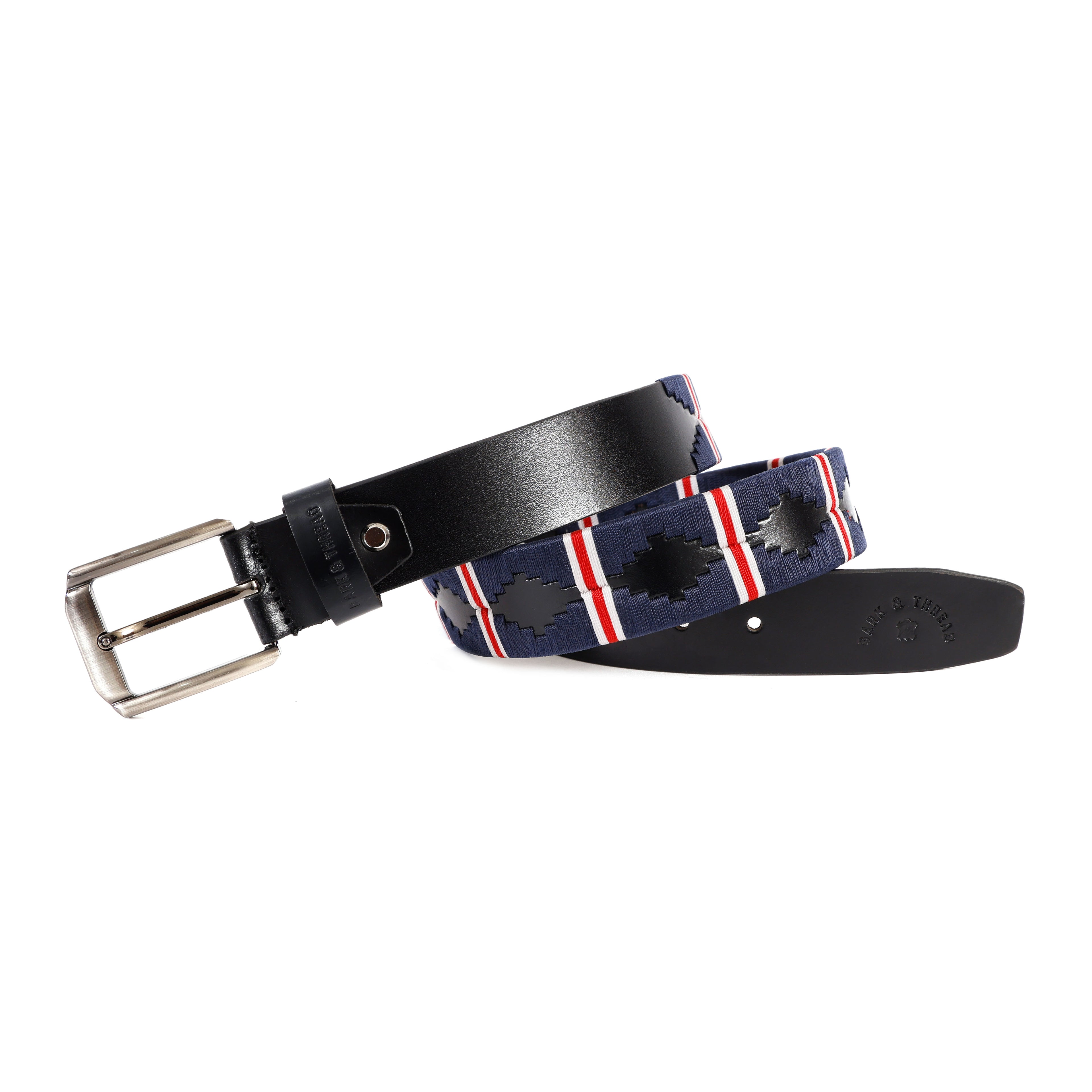Luxury Polo Leather Belt with Multicolour Stitching – Black Strap & Silver Buckle