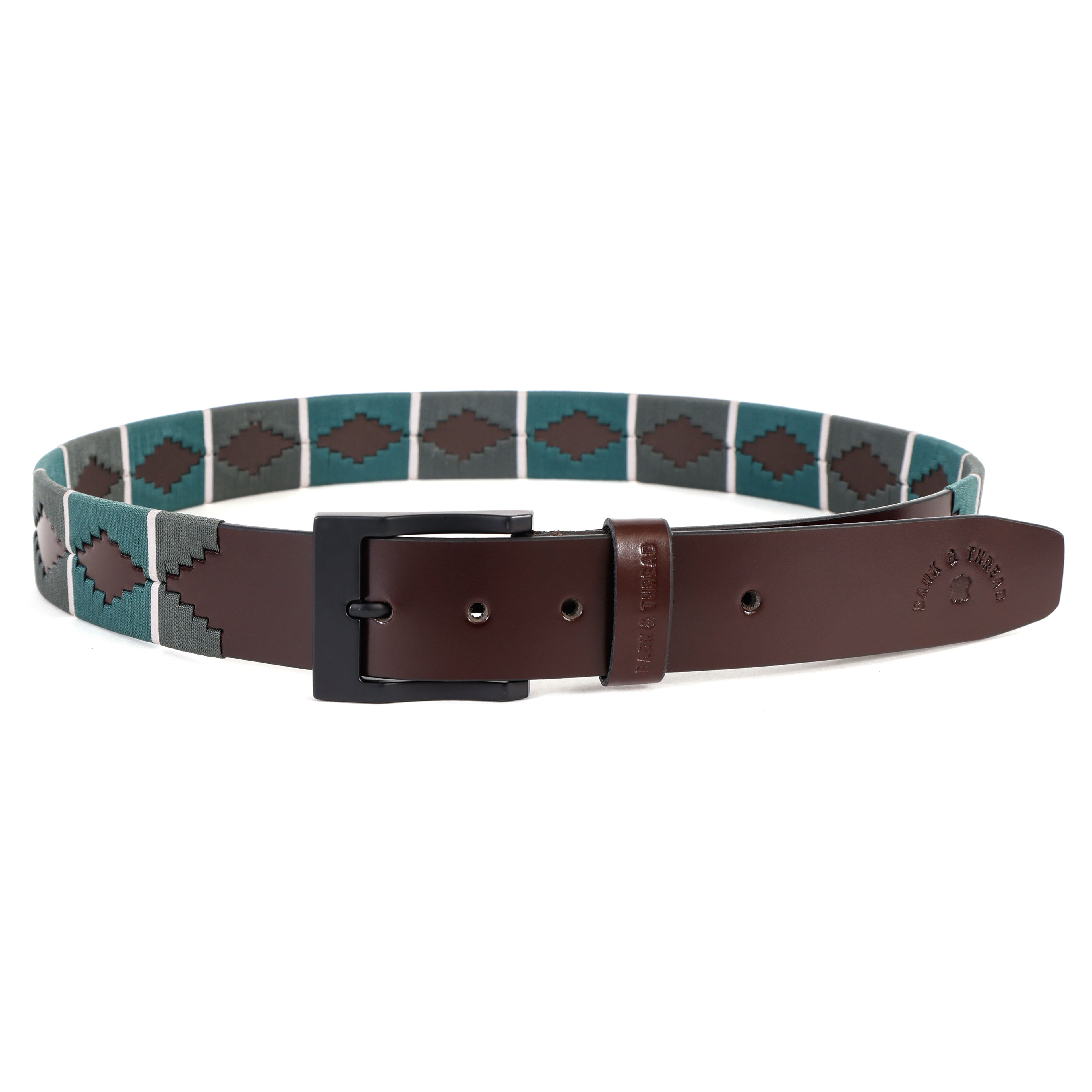 Premium Polo Leather Belt with Light & Dark Green Stitching – Brown Strap & Black Buckle